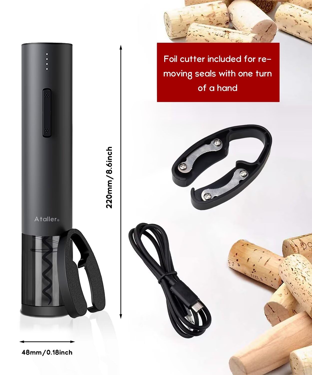 Ataller Rechargeable Electric Wine Bottle Openers, Cordless Automatic Wine Corkscrews Opener with Foil Cutter and USB Charging Cable, Black
