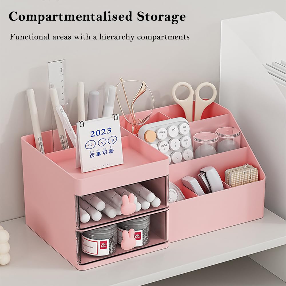 Haiansan Makeup Organizer for Vanity, Cosmetic Storage Box with Drawer, Desktop Organizer for Office Supplies, Bathroom Counter or Dresser, Gift for Girlfriend Wife Women Lady Girl (Pink)