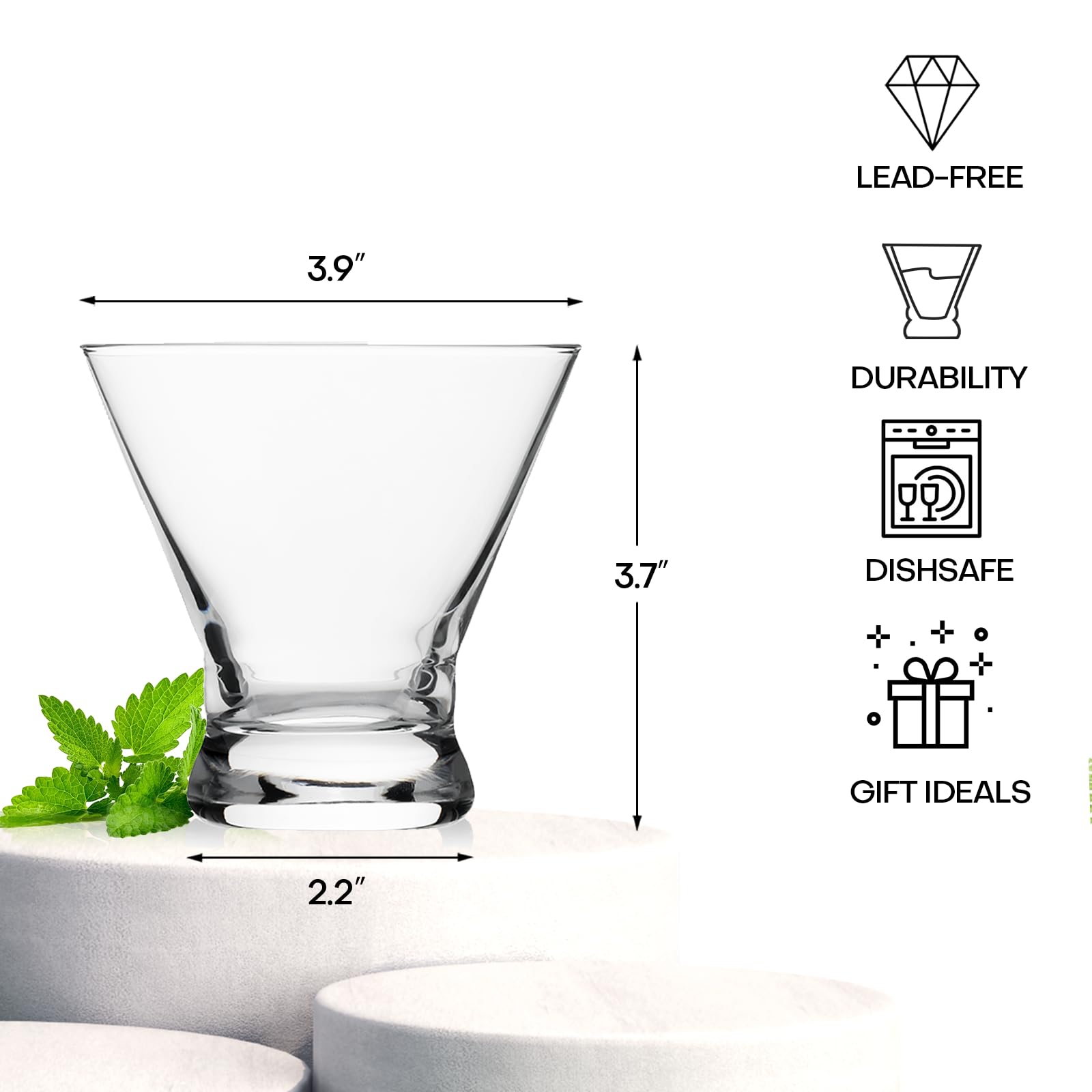 Martini Glasses Set of 4, 8oz Stemless Martini Cocktail Glasses for Margarita, Cosmopolitan, Manhattan, Home Bar, Gimlet, Pisco Sour, Brandy, Crystal Clear