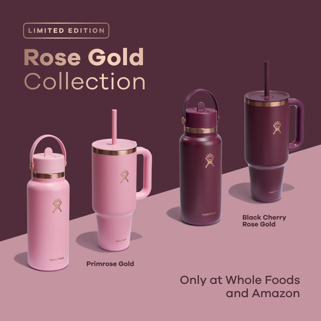 Hydro Flask 40 Oz All Around Stainless Steel Travel Tumbler with Leak Resistant Flexible Straw Press-in Lid, Black Cherry Rose Gold