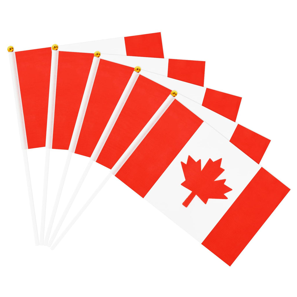 50 Pack Small Canada Flag Stick 5'' x 8'' - Handheld Canadian Maple Leaf Flags with Plastic Sticks, Mini Le drapeau du Canada for Outdoor Parades, National Day Celebration Party Decorations