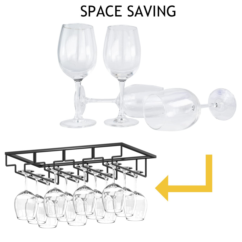 Wine Glass Rack - 4 Row Under Cabinet Stemware Wine Glass Holder - Glasses Storage Hanger for Bar Kitchen, Metal Organizer for Brandy, Margarita, Martini Glasses & More - 2 Pack, Black