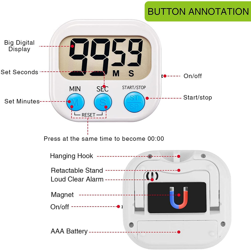 12 Pack Digital Kitchen Timer Large LCD Display Loud Alarm Strong Magnetic Stand, Minute Seconds Count Up Countdown and Simple Operation Timers for Cooking, Bathroom, Kids, Teacher, Classroom
