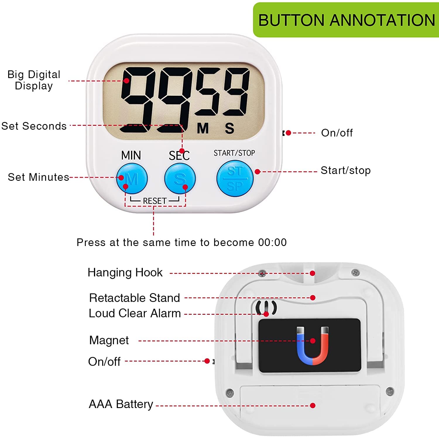 12 Pack Digital Kitchen Timer Large LCD Display Loud Alarm Strong Magnetic Stand, Minute Seconds Count Up Countdown and Simple Operation Timers for Cooking, Bathroom, Kids, Teacher, Classroom