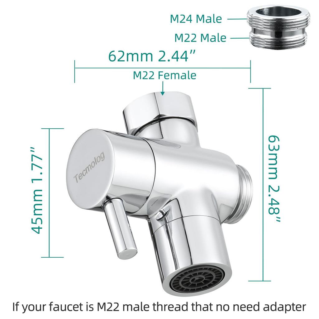 Tecmolog Brass Sink Valve Diverter Faucet Splitter for Kitchen or Bathroom, Faucet Adapter 3 Way Faucet Diverter Valve, Sink Faucet Replacement Part M22 X M24, Chrome, SBA021C