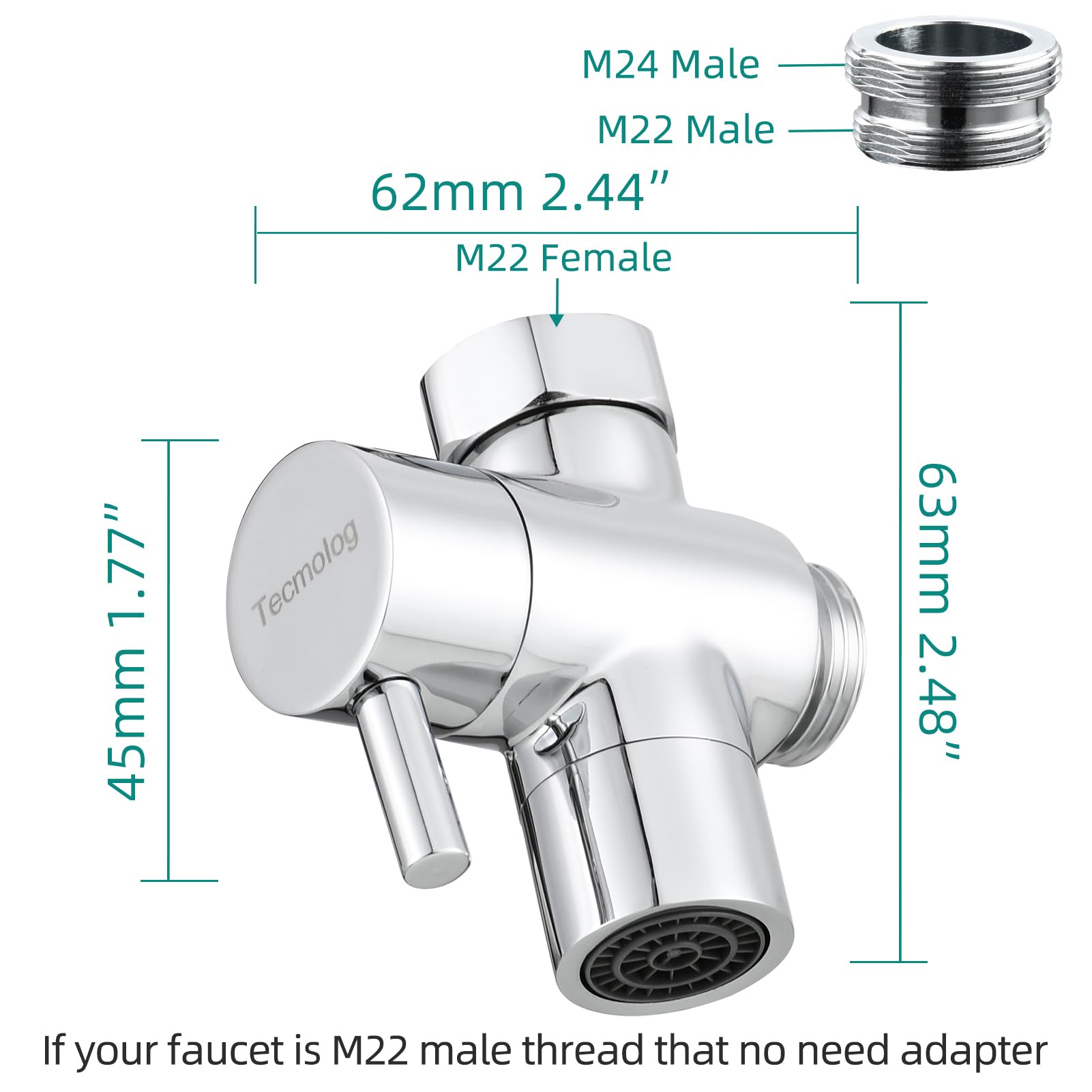 Tecmolog Brass Sink Valve Diverter Faucet Splitter for Kitchen or Bathroom, Faucet Adapter 3 Way Faucet Diverter Valve, Sink Faucet Replacement Part M22 X M24, Chrome, SBA021C