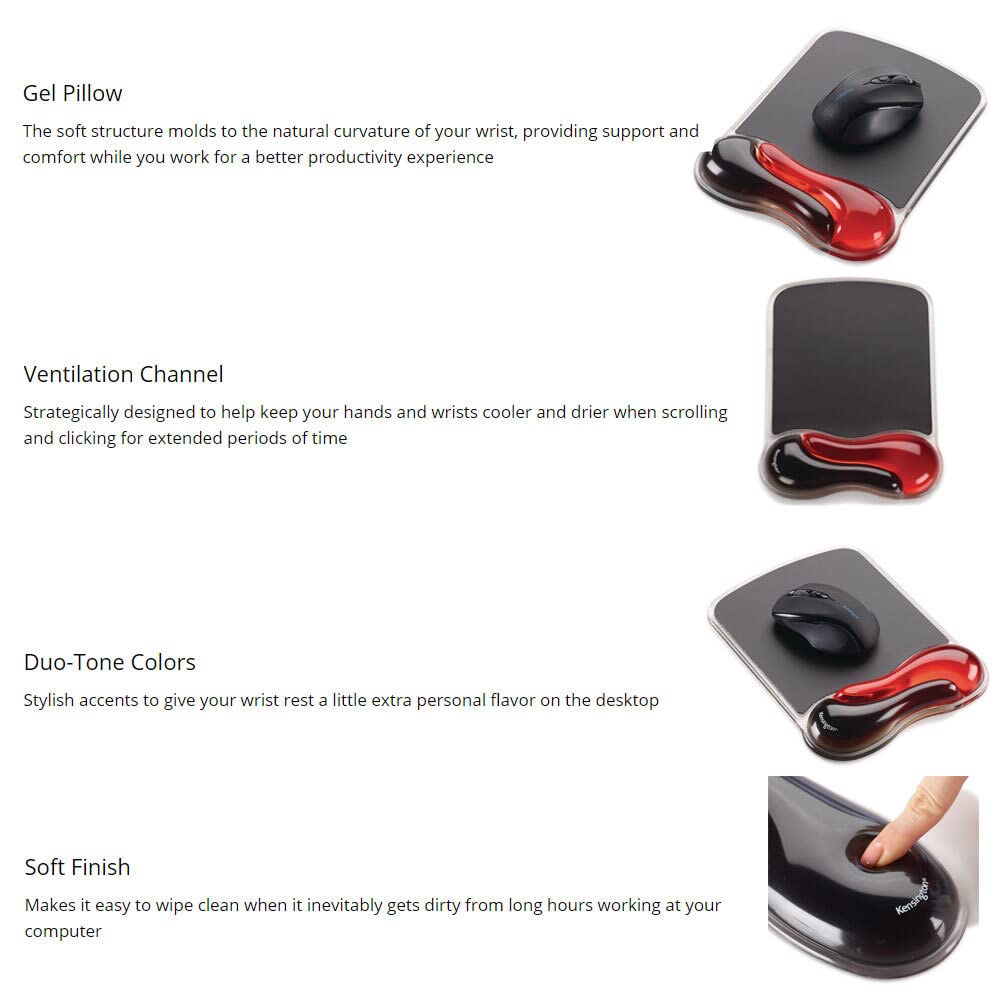 Kensington Duo Gel Mouse Pad Wrist Rest - Black/Red, 1" x 7.3" x 9.5"
