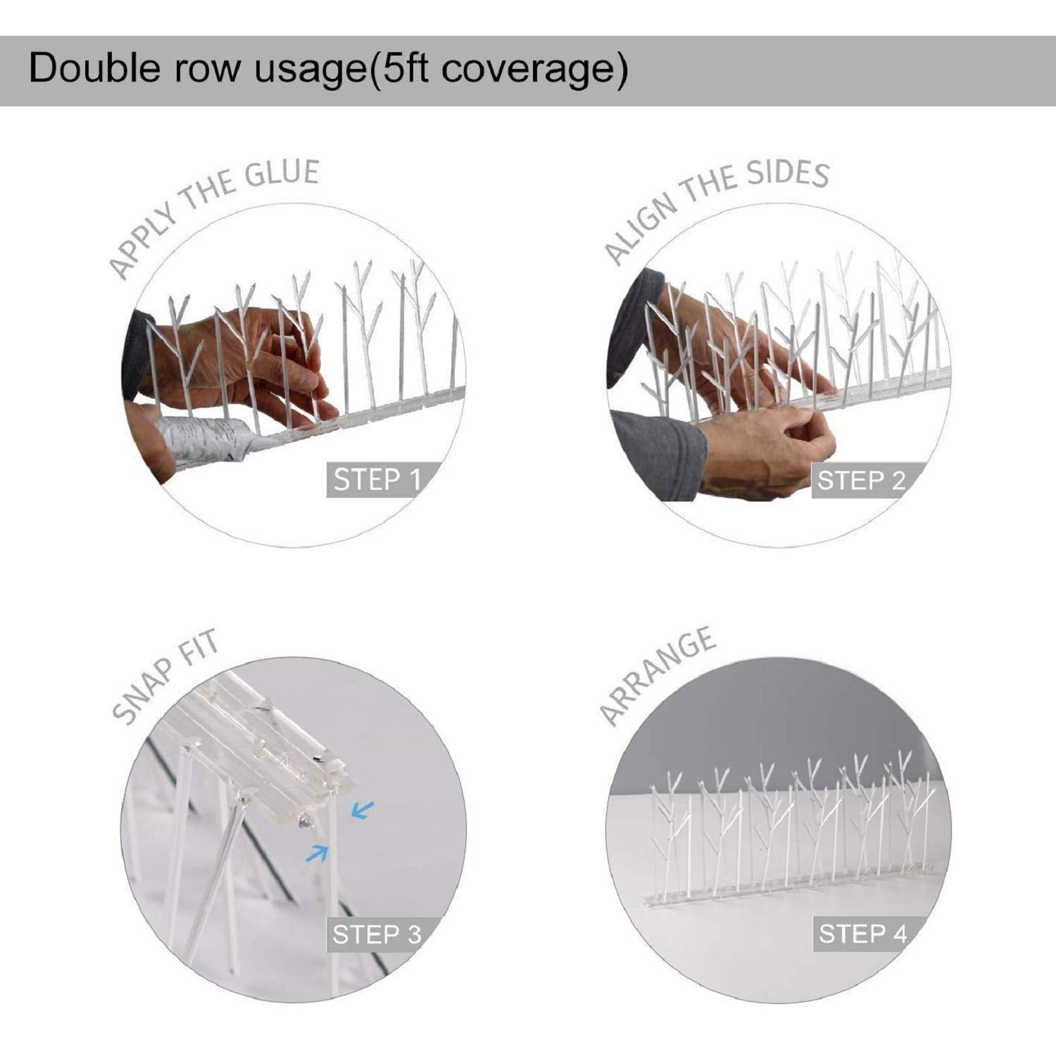 ASPECTEK Polycarbonate Bird Spikes with Adhesive Glue for Ledges and Surfaces, 10-Foot Kit