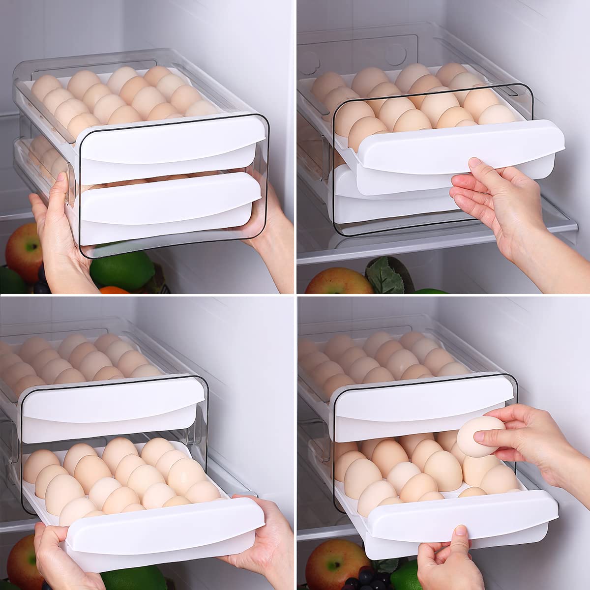 HOMQUEN Egg Container for Refrigerator, 40 Grid/2 Layer Egg Holder for Refrigerator, Egg Drawer for Refrigerator, Egg Fresh Storage Box for Fridge, Egg Tray & Egg Storage, Clear Plastic (Pack of 1)