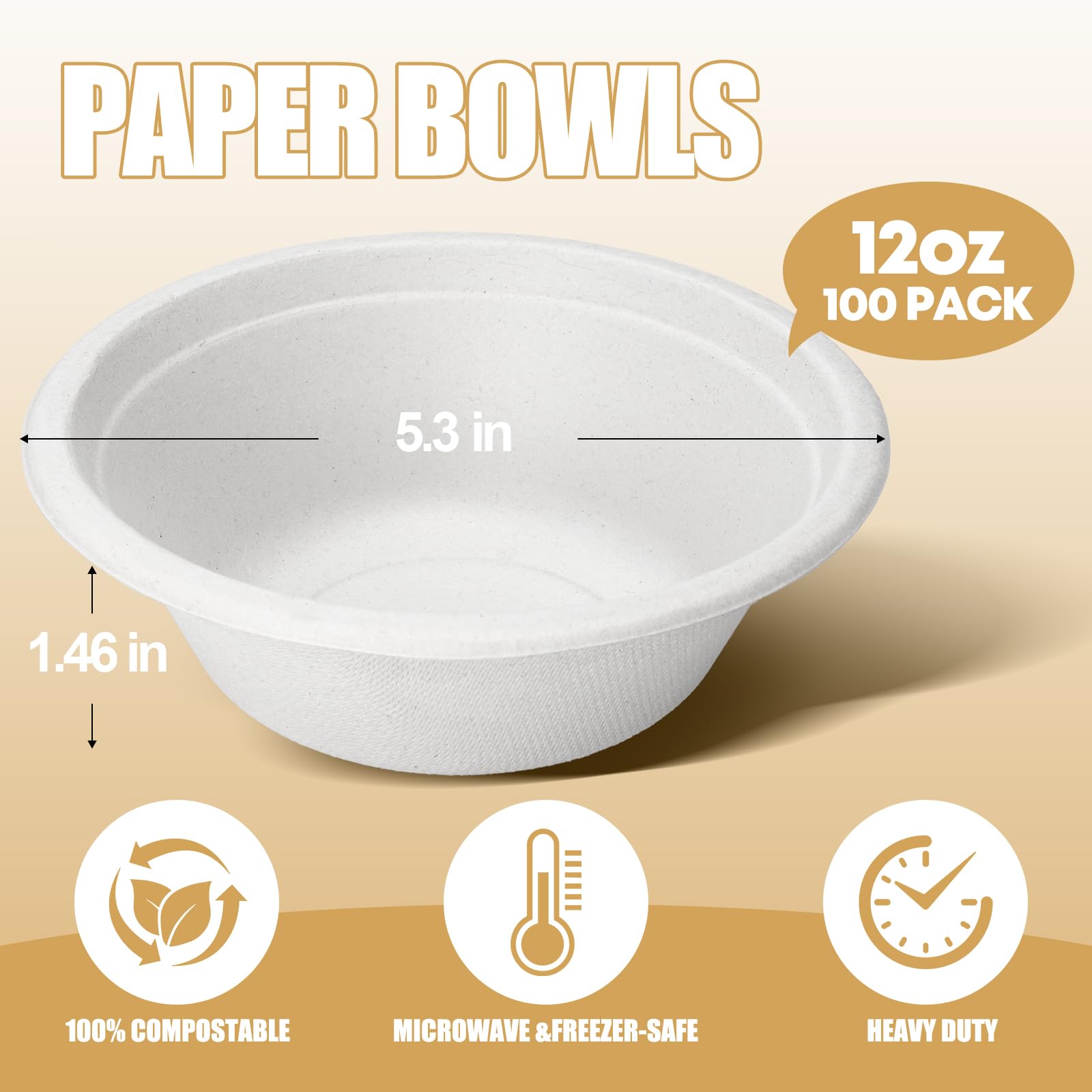 TaidMiao 12 oz Disposable Biodegradable Paper Bowls, Microwave Safe Sugarcane Fiber Bowls for Hot Soup Salads Fruit, Eco-Friendly White Bowls for Parties & Daily Use, 100 Count