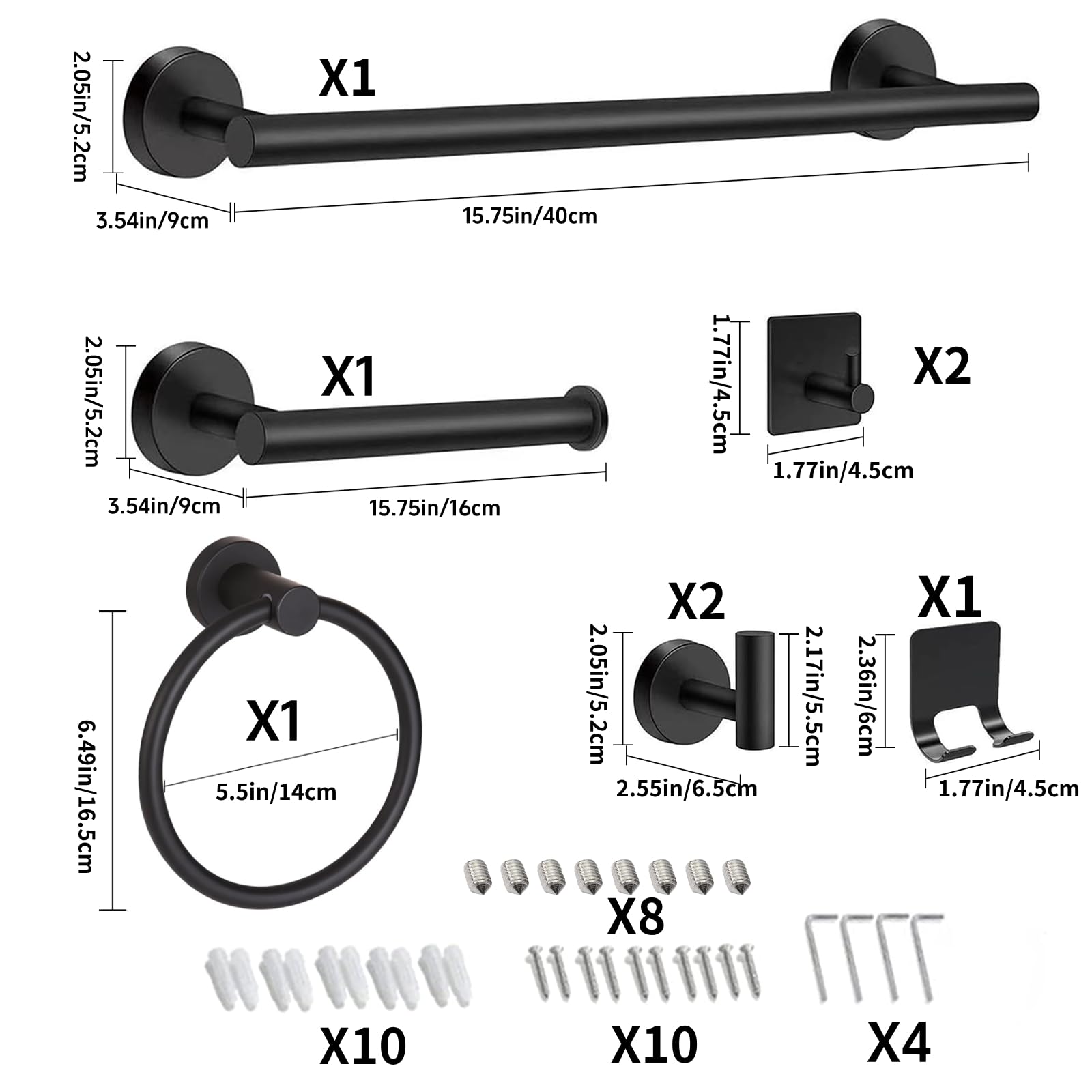 H Hawsam 8pcs Bathroom Accessories Set Black Towel Rack Bathroom Set Include 15.75'' Bathroom Towel Holder,Toilet Paper Holder,Towel Ring,Towel Hooks,SUS304 Stainless Steel Bathroom Hardware Set