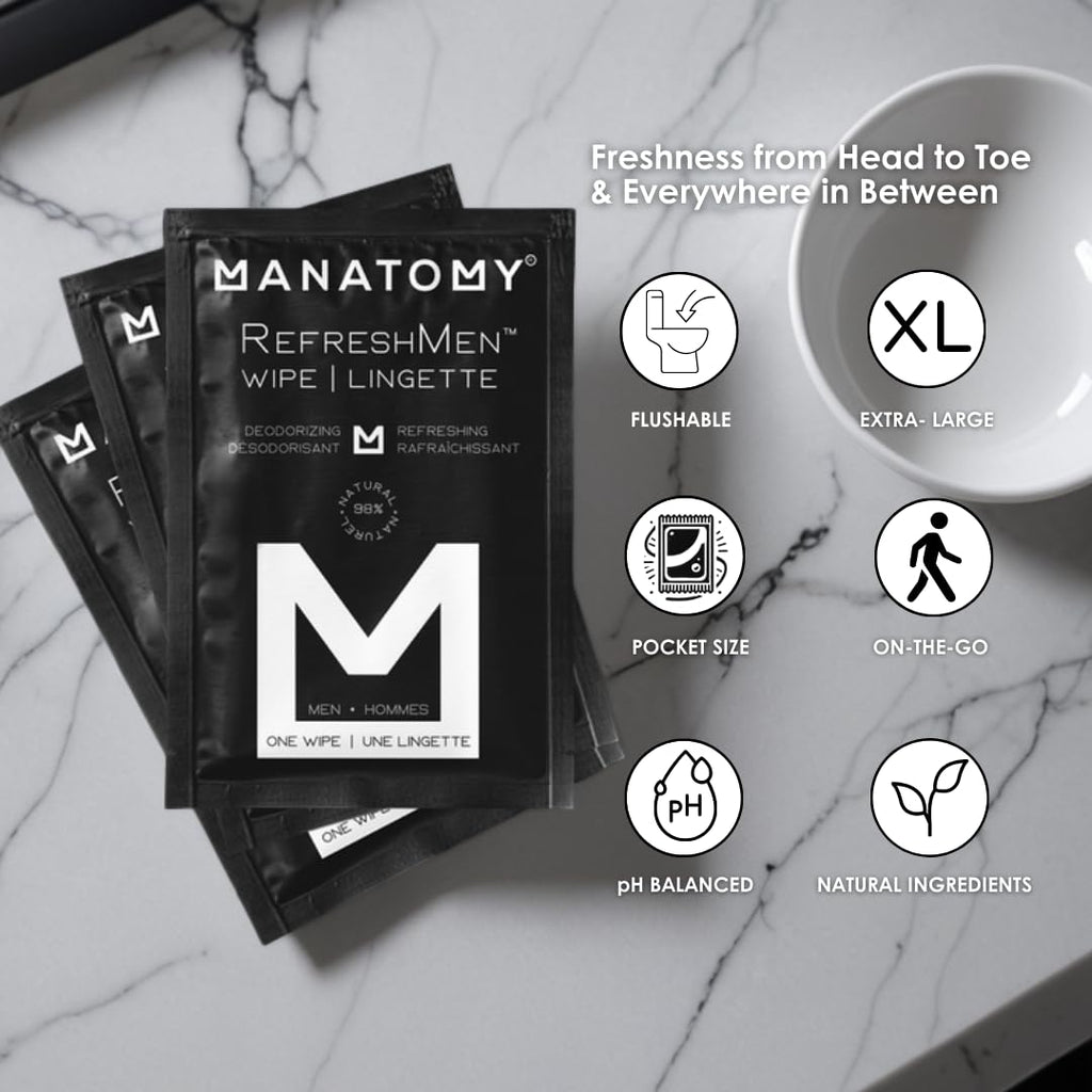 MANATOMY® RefreshMen Wipes, On-the-Go Individually Wrapped Hygiene Wipes, Refreshing and Hydrating Body Wipes with Aloe Vera & Chamomile, Extra-Thick & Large, Designed for Men, Value Pack, 3 X 24ct = 72 Individually Wrapped Wipes Total