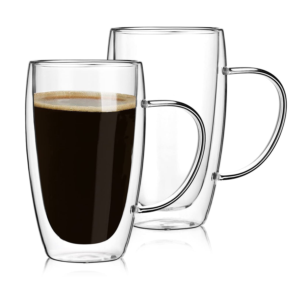 2-Pack 15 Oz Double Walled Glass Coffee Mugs with Handle,Tasse à café en verre Double paroi,Insulated Layer Coffee Cups,Clear Borosilicate Thermal Glass Mugs,Fit for Cappuccino,Tea,Latte,Hot Beverage