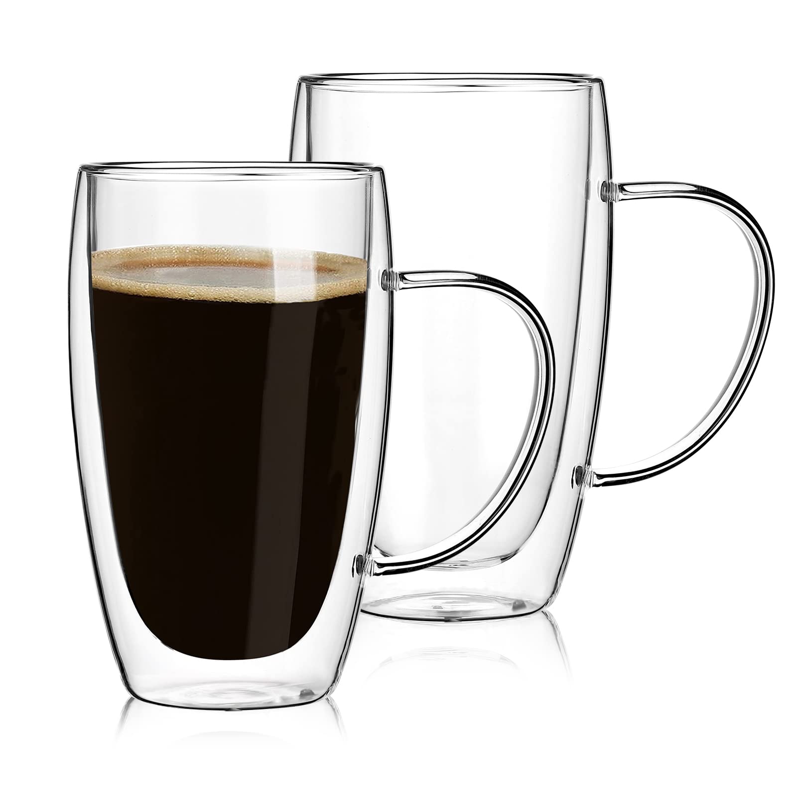 2-Pack 15 Oz Double Walled Glass Coffee Mugs with Handle,Tasse à café en verre Double paroi,Insulated Layer Coffee Cups,Clear Borosilicate Thermal Glass Mugs,Fit for Cappuccino,Tea,Latte,Hot Beverage