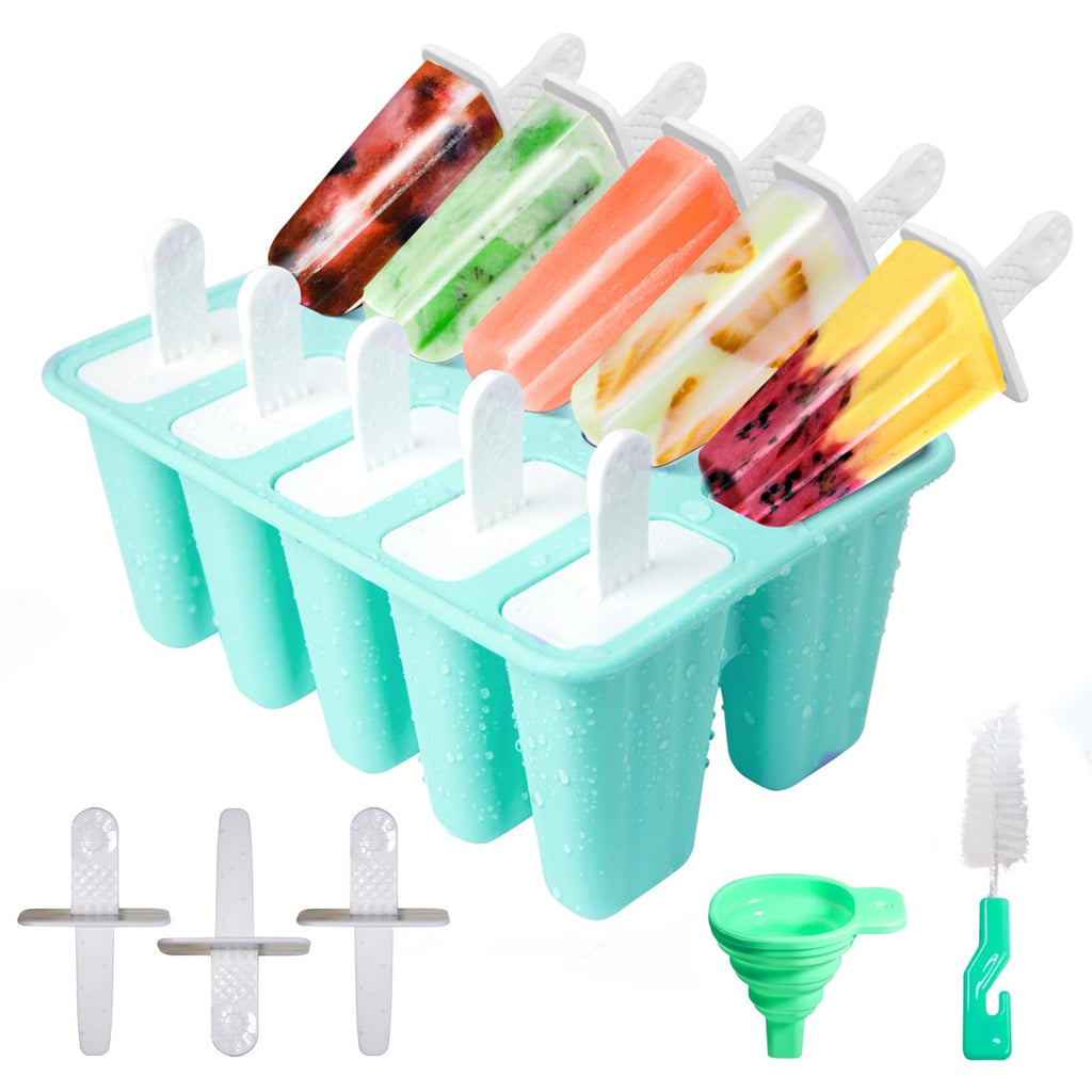 Popsicle Molds 10 Cells, Silicone Ice Cream Mould with Sticks, Non-Stick Ice Lolly Mold with Silicone Funnel and Brush, BPA Free