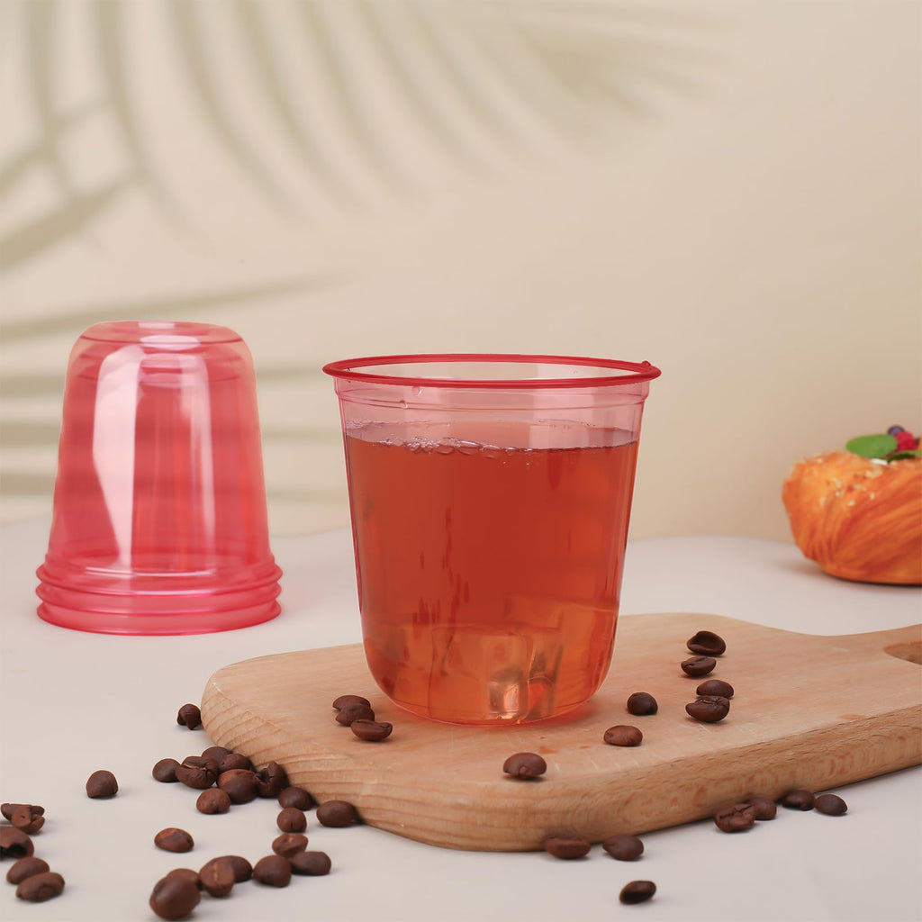 Xuelimei 50pcs 12oz Disposable Stemless Glasses,PET Disposable Drinking Cups,Cold Party Clear Plastic Wine Glasses for Parties Birthday,Wedding,Meeting,Christmas Party Supplies. (Red)