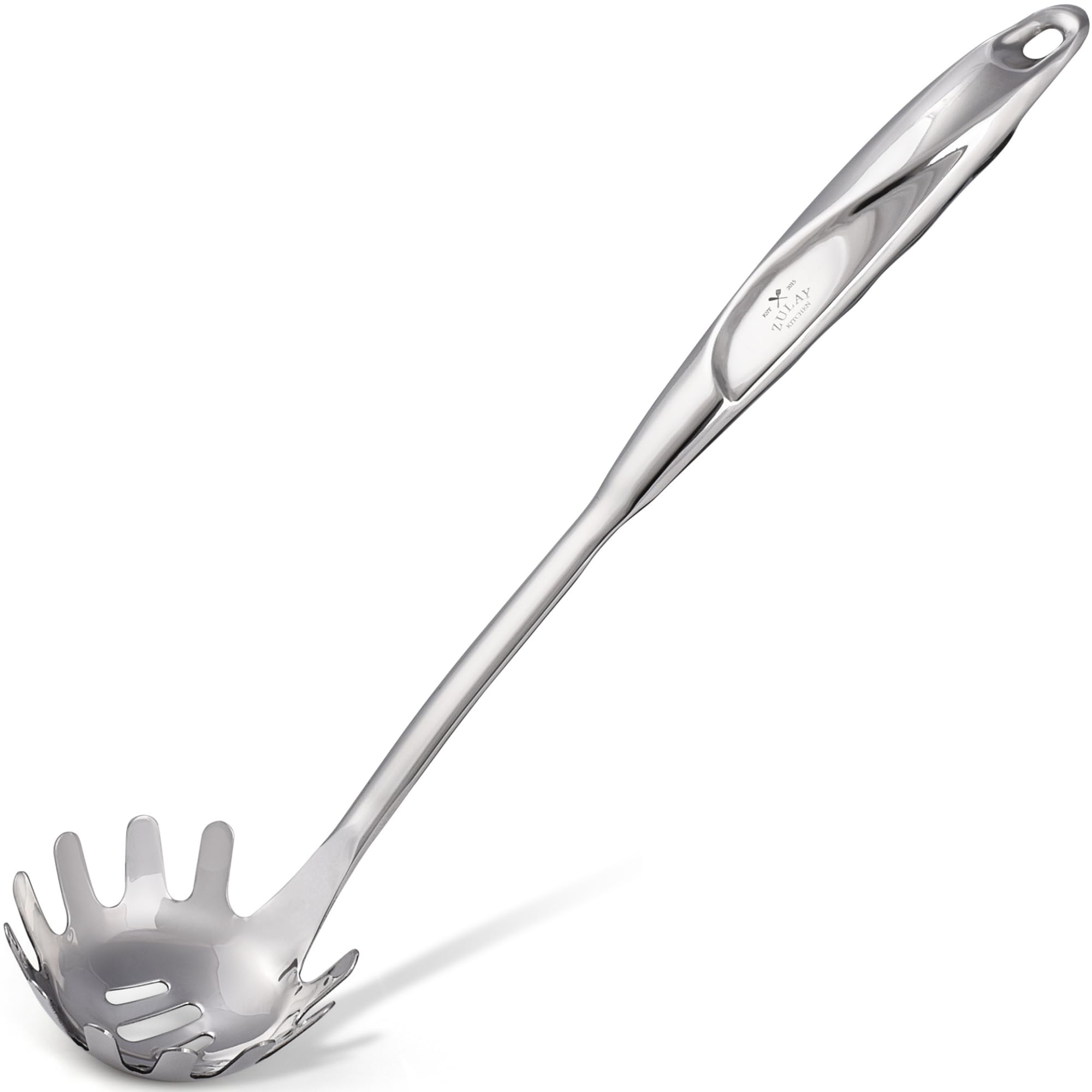 Zulay Kitchen Pasta Server - Durable Food Grade Stainless Steel Pasta Spoon Server with Ergonomic Handle & Heat Resistant Design - Kitchen Spaghetti Server Fork for Noodles, Pasta, & More (12 inch)