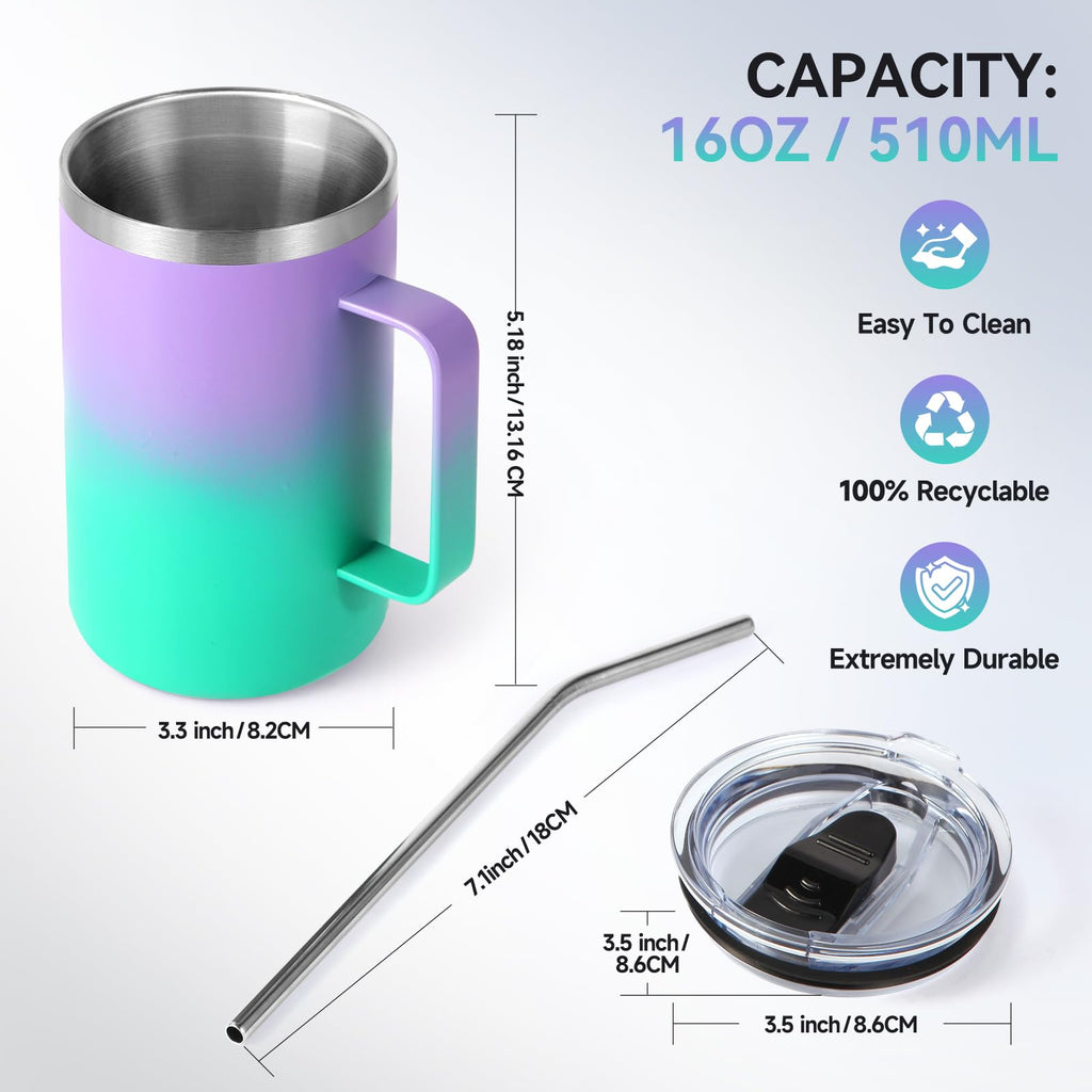 Volhoply 16oz Insulated Stainless Steel Coffee Mugs with Leakproof Lid Bulk 2 Pack,Double Wall Vacuum Travel Coffee Cup with Handle,Reusable Metal Tumbler,Camping Mug Keep Hot&Cold(Mixed,2)