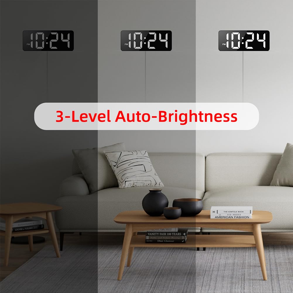 LED Digital Wall Clock with Large Display, Big Digits, Auto-Brightness, 12/24Hr Format, Modern Electric Small Silent Wall Clock for Living Room, Bedroom, Classroom, Farmhouse, Kitchen, Office - White