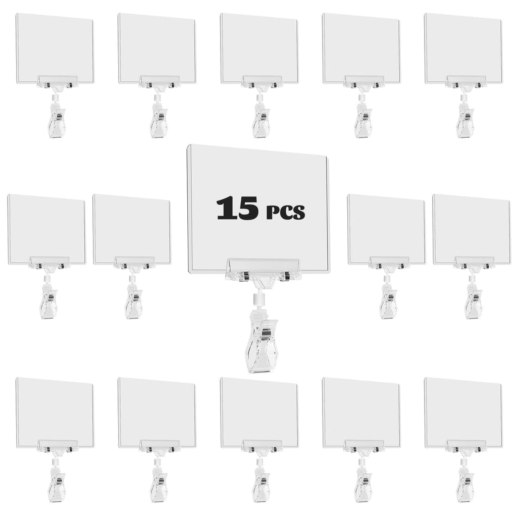 SIYOMG Plastic Sign Holder Clip, 15 Pack Double Head Rotating Clip On POP Swivel Sign Holding Clamp with Card Protector, Merchandise Sign Display Clip for Business Store Supermarket Office Exhibition