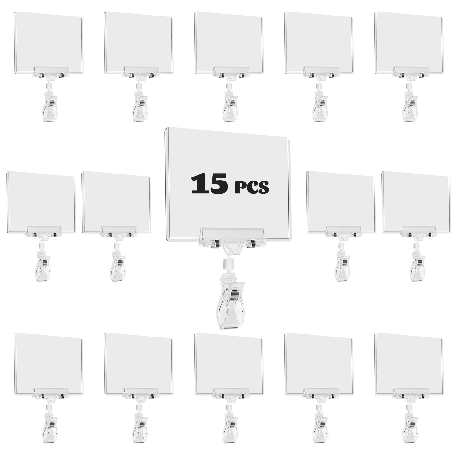 SIYOMG Plastic Sign Holder Clip, 15 Pack Double Head Rotating Clip On POP Swivel Sign Holding Clamp with Card Protector, Merchandise Sign Display Clip for Business Store Supermarket Office Exhibition