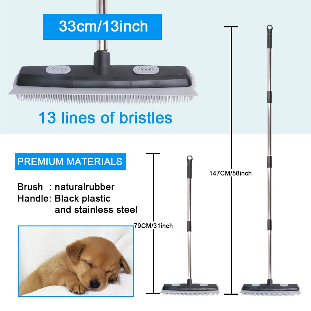 Pet Hair Rubber Broom with Carpet Rake and Squeegee, 2 in 1 Floor Brush for Carpet, 62 inch Adjustable Handle,silicone broom Black (2)
