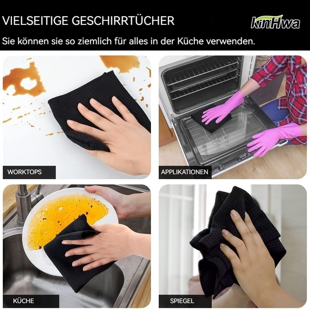 KinHwa Dish Cloths Ultra Absorbent Microfiber Cleaning Cloths Odor Free Waffle Weave Kitchen Dishcloths Rags 12inch x 12inch Blue-Black 6 Pack