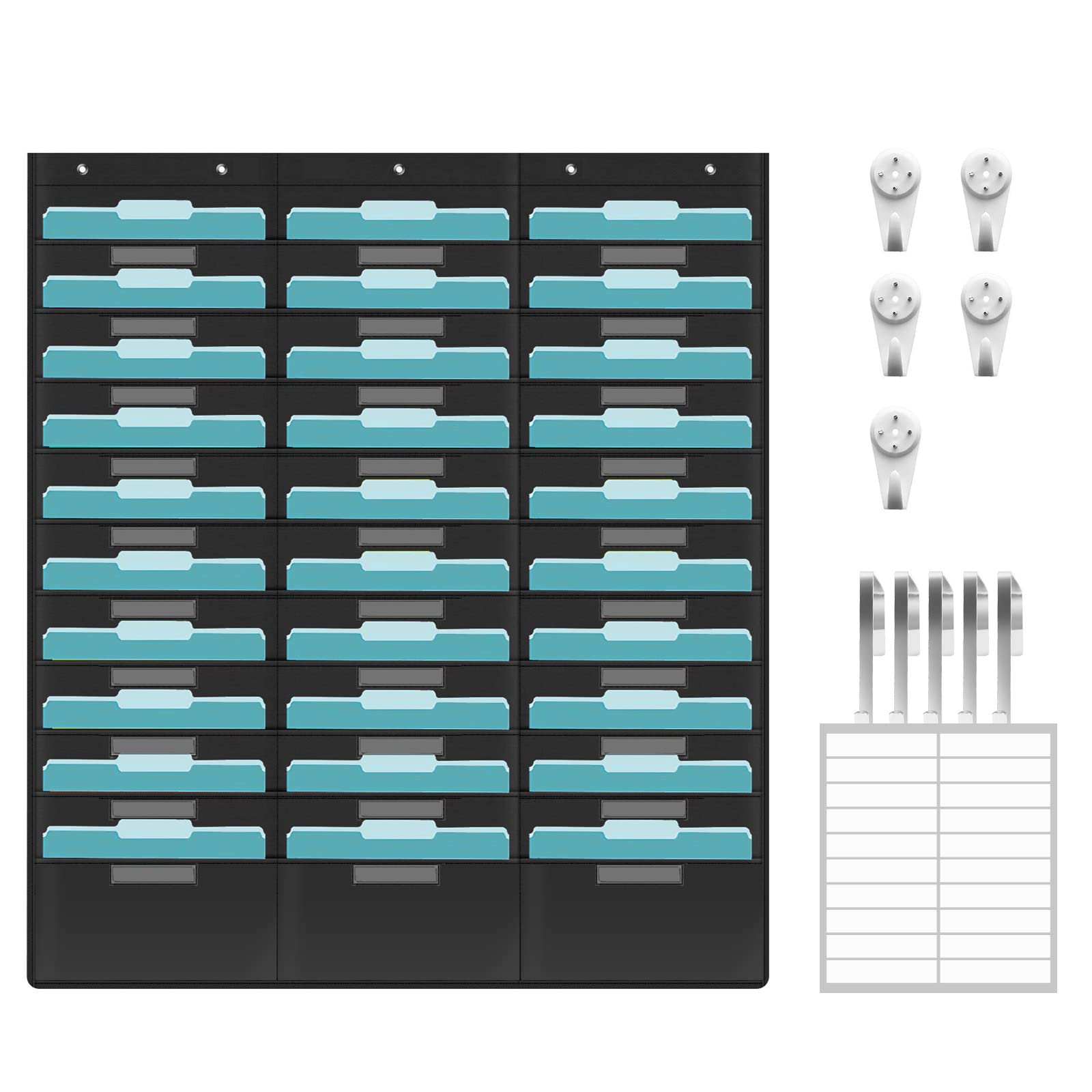 KIKIGOAL 30 Pockets Hanging Wall File Organizer, Heavy Duty Storage Pocket Chart With 30 Name Tag Pockets for File Folder and Paper, Space Saver for Office and Classroom