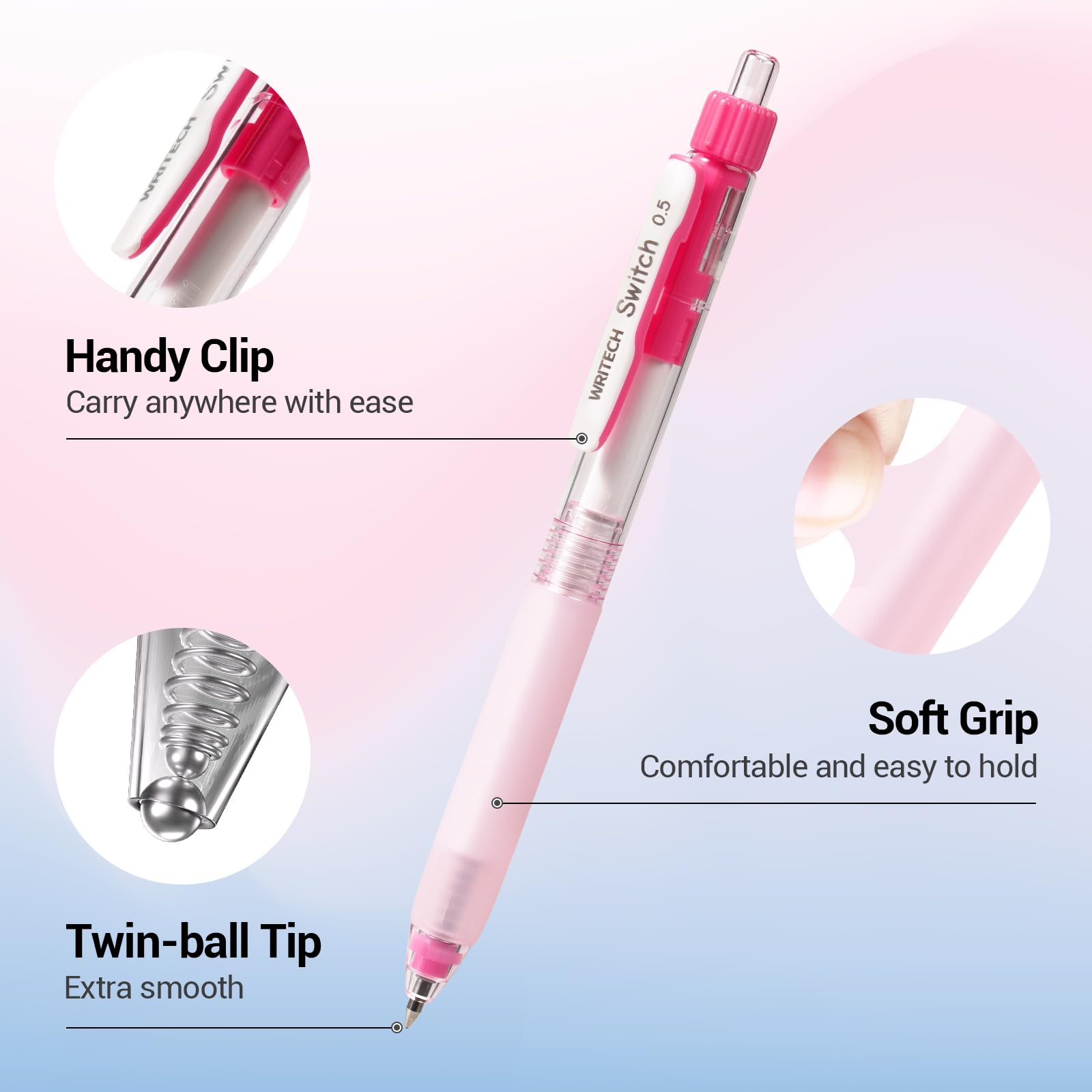 WRITECH Retractable Gel Ink Pens: 0.5mm Black-Ink Switch Between Silent and Clicky Soft Grip Fine Point Pen for Journaling Smooth Writing Quick-dry No Bleed 10ct