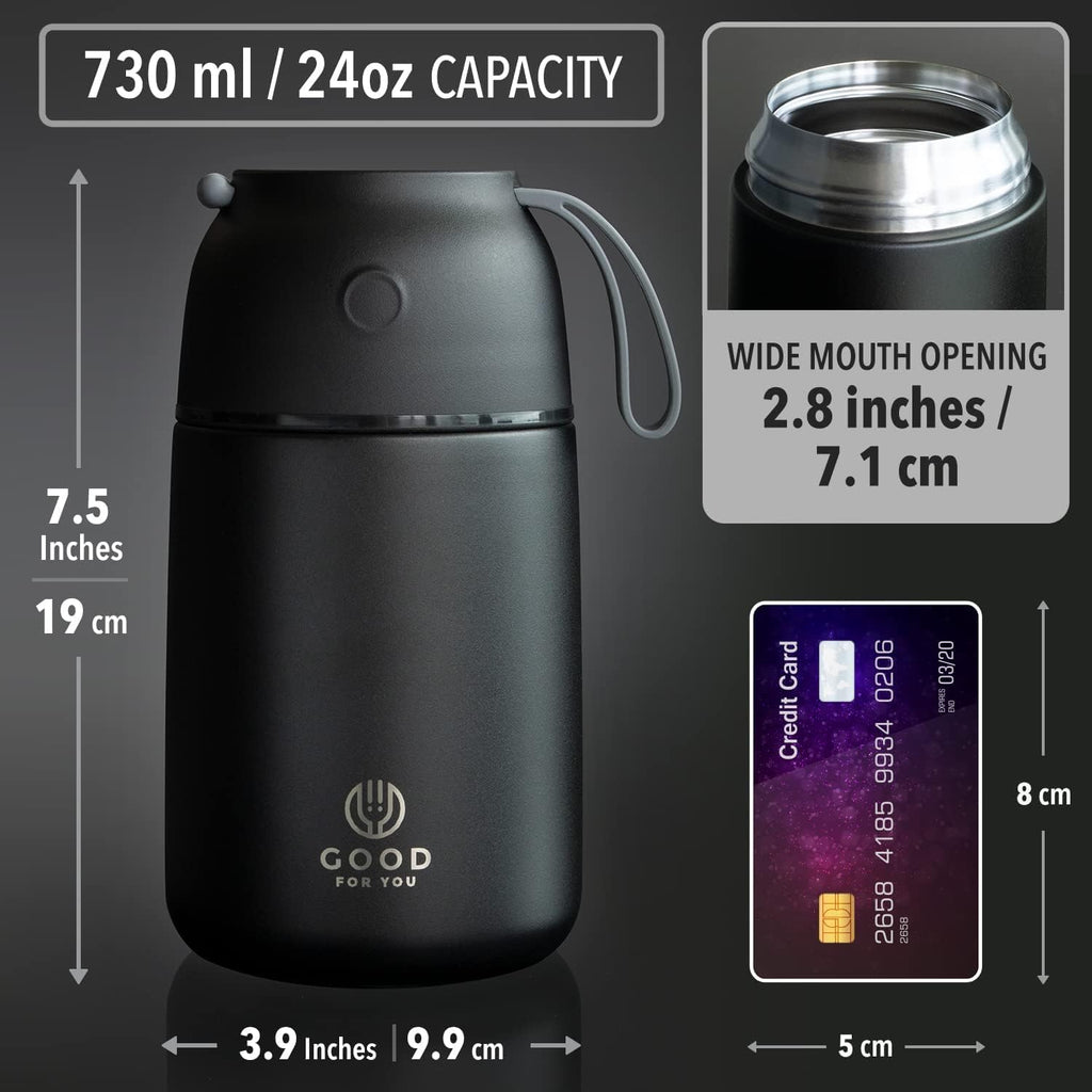 Insulated Food Flask - 730ml Stainless Steel Jar for Hot and Cold Meals – Double-Wall Insulation, Thermal Food Container for School, Office, Travel, Camping - Foldable Spoon, Bag - Black - 24.7 oz