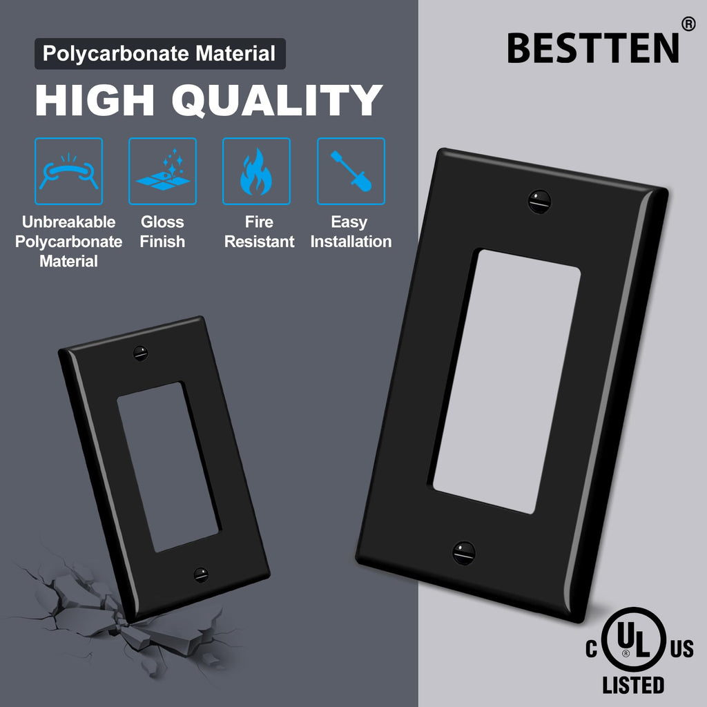 BESTTEN 10 Pack of 1-Gang Decorator Wall Plate, Standard Size Receptacle Outlet Plate, Unbreakable Polycarbonate Decor Switch Cover, Black