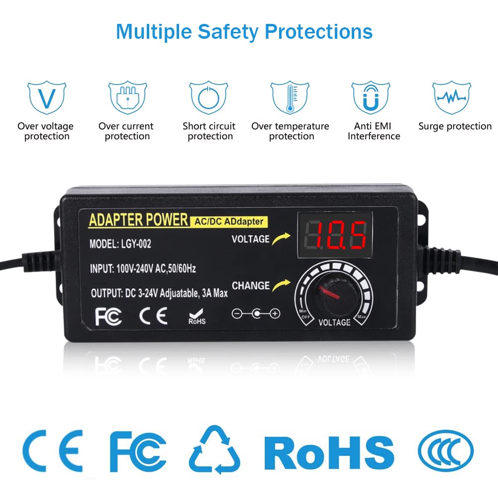 72W Power Supply Adjustable DC 3V ~ 24V Variable Universal Switching AC/DC Adapter 100V-240V AC to DC Converter with 14 Tips & Polarity Converter, for 3V to 24V Household Electronics - 3000mA