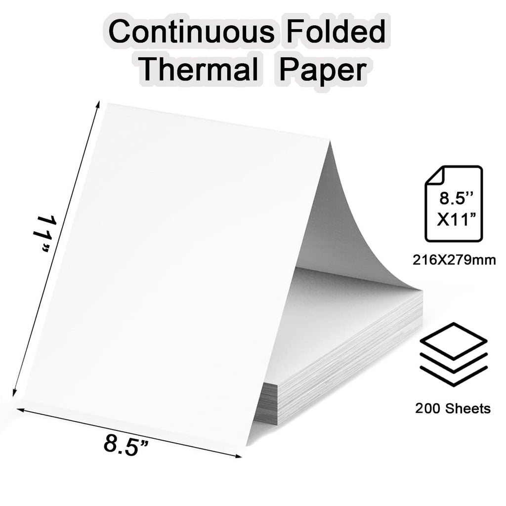 Thermal Printer Paper 8.5 x 11 Inch, 200 Sheets US Letter Size Thermal Paper, Compatible with M08F/A40 Thermal Portable Printer, Continual Feeding Folded Printing Paper (Continuous Folding)