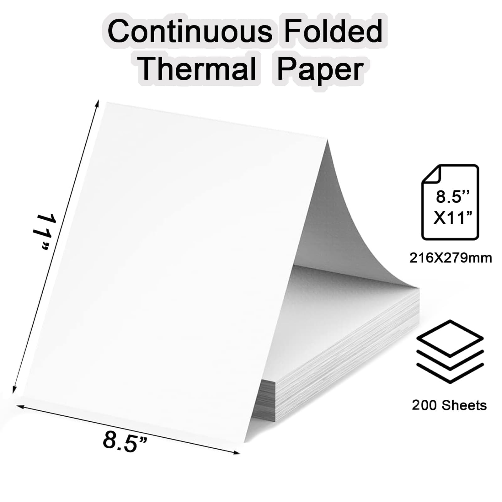 Thermal Printer Paper 8.5 x 11 Inch, 200 Sheets US Letter Size Thermal Paper, Compatible with M08F/A40 Thermal Portable Printer, Continual Feeding Folded Printing Paper (Continuous Folding)