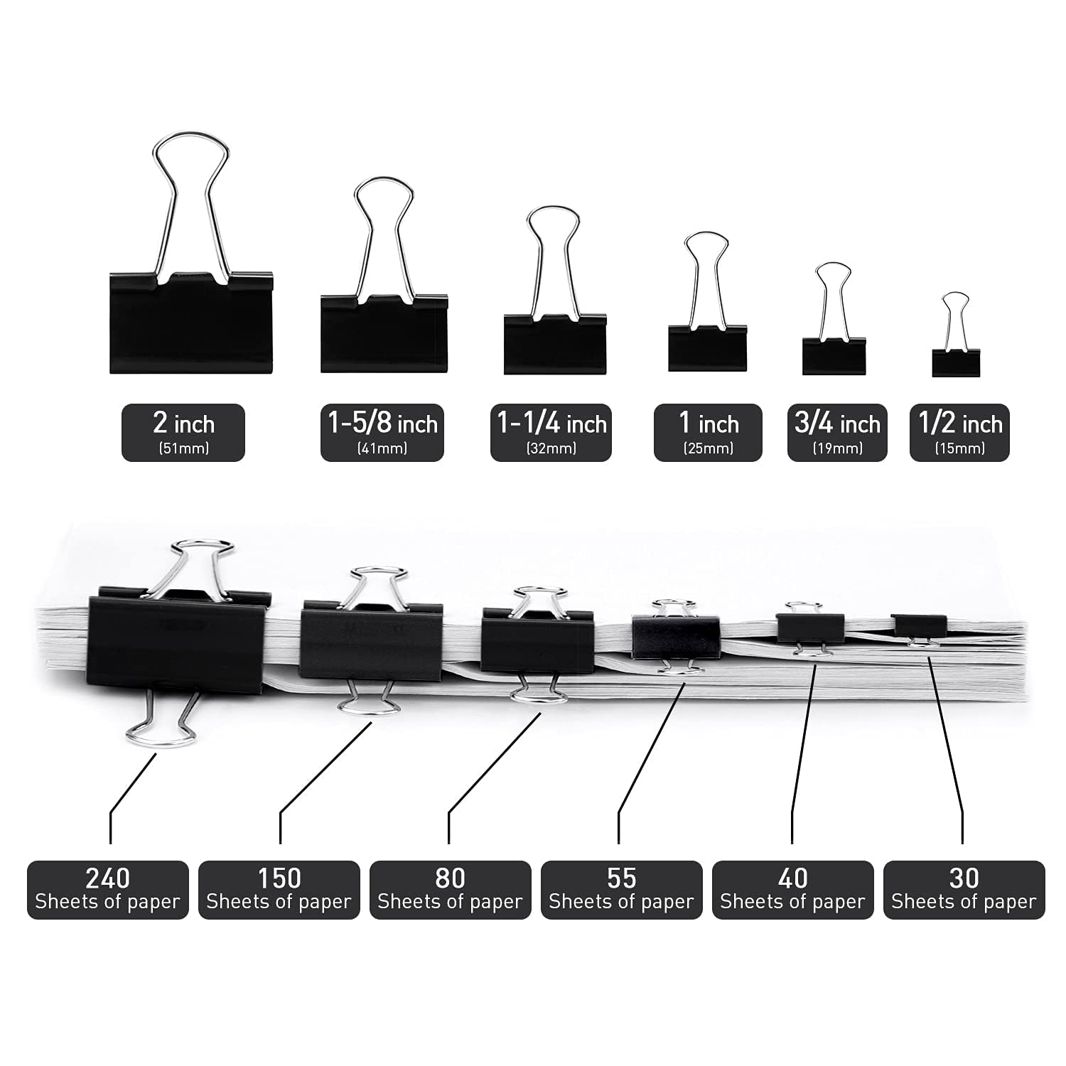 Large Binder Clips, 72 Pack, 1.6 Inch, Non-Standard 41mm, Black, Capacity 0.66 Inch, Paper Clips, Office Clips, Great Fold Clamp, School & Home Use