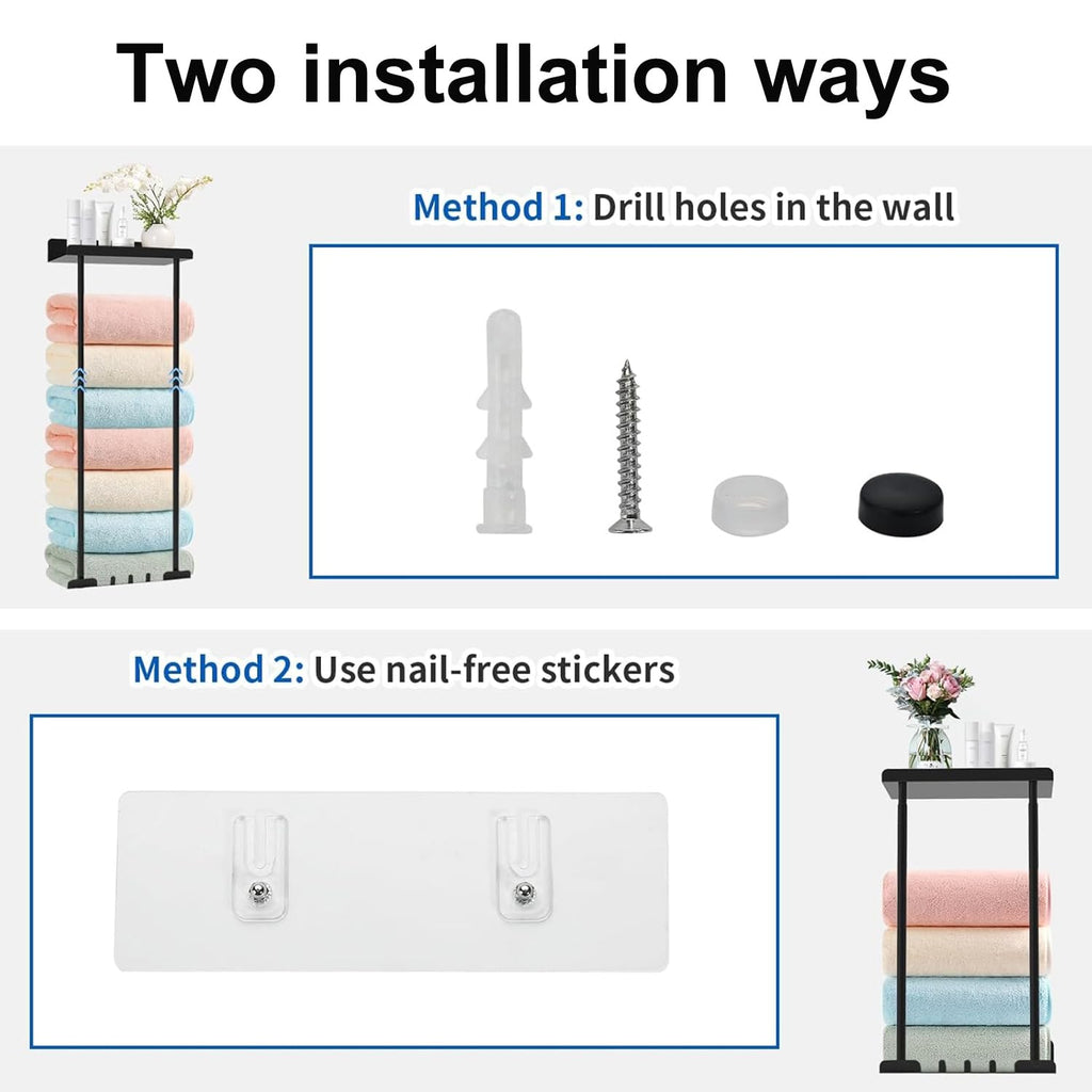 Towel Racks for Bathroom, No Drilling Towel Holder Towel Rack, Towel Storage Wall Mounted, Adjustable Towel Rack Bathroom Storage, Bathroom Towel Shelf for Rolled or Folded Towels, Black