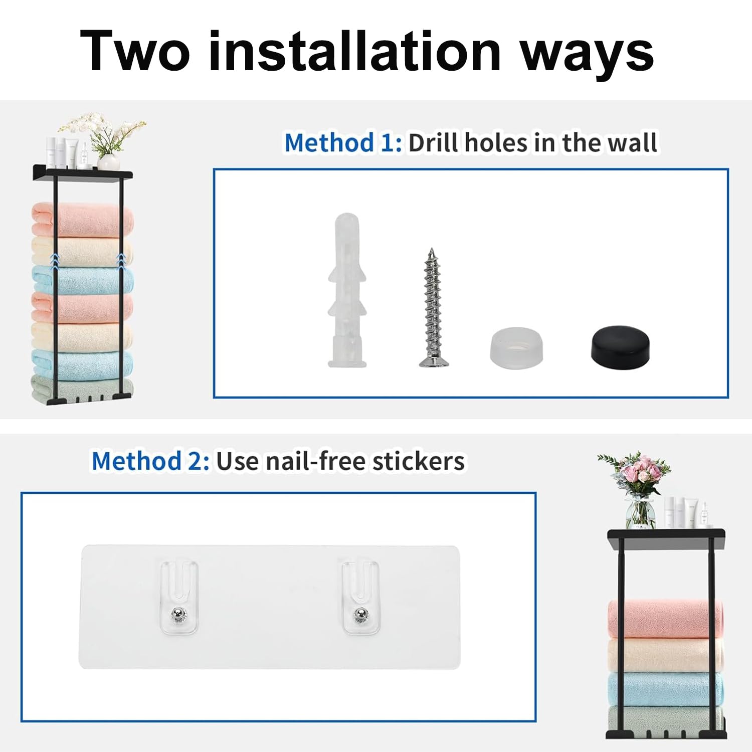 Towel Racks for Bathroom, No Drilling Towel Holder Towel Rack, Towel Storage Wall Mounted, Adjustable Towel Rack Bathroom Storage, Bathroom Towel Shelf for Rolled or Folded Towels, Black