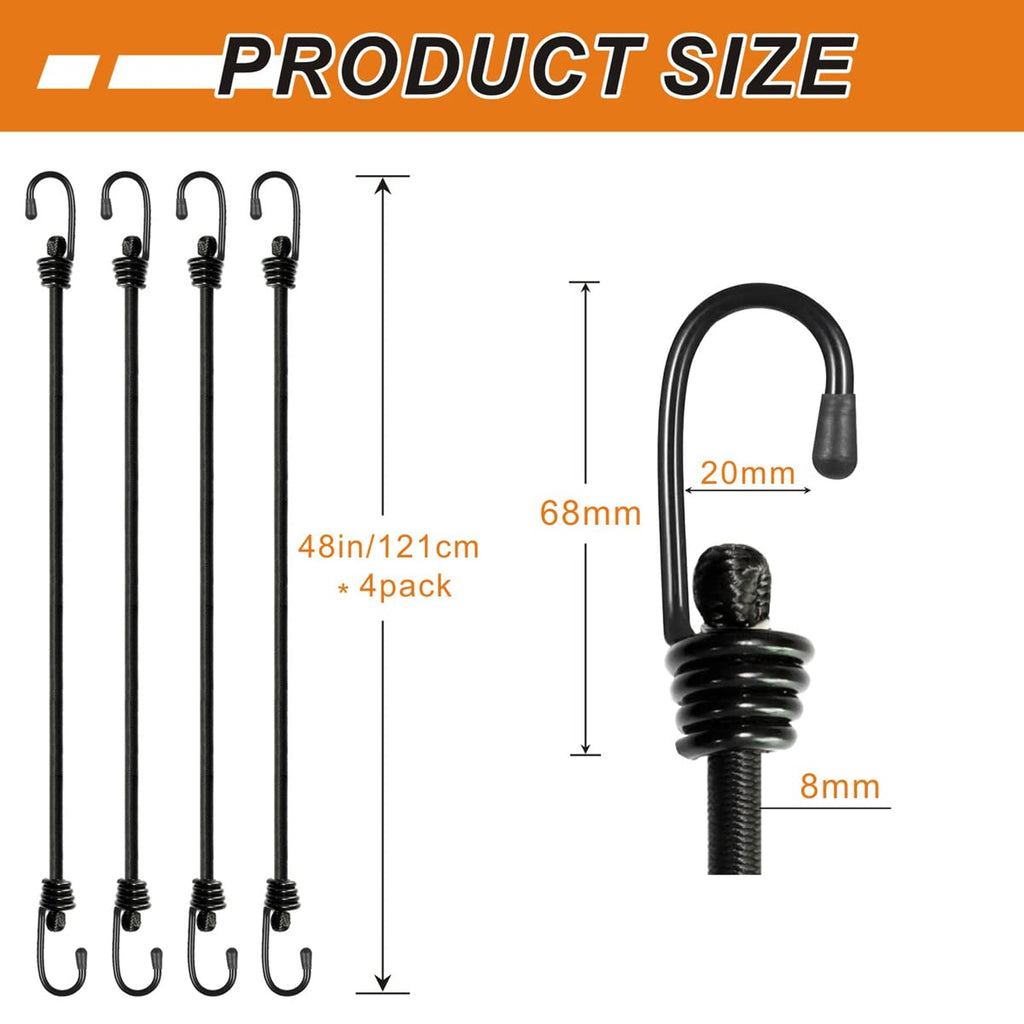 Bungee Cords with Hooks, Heavy Duty Outdoor Elastic Bungee Straps，No Odour Industrial Grade Bungee Rope for Securing Tarps, Luggage, Tents, Bikes or Garden Tidying 48inch 4Pcs (Black)