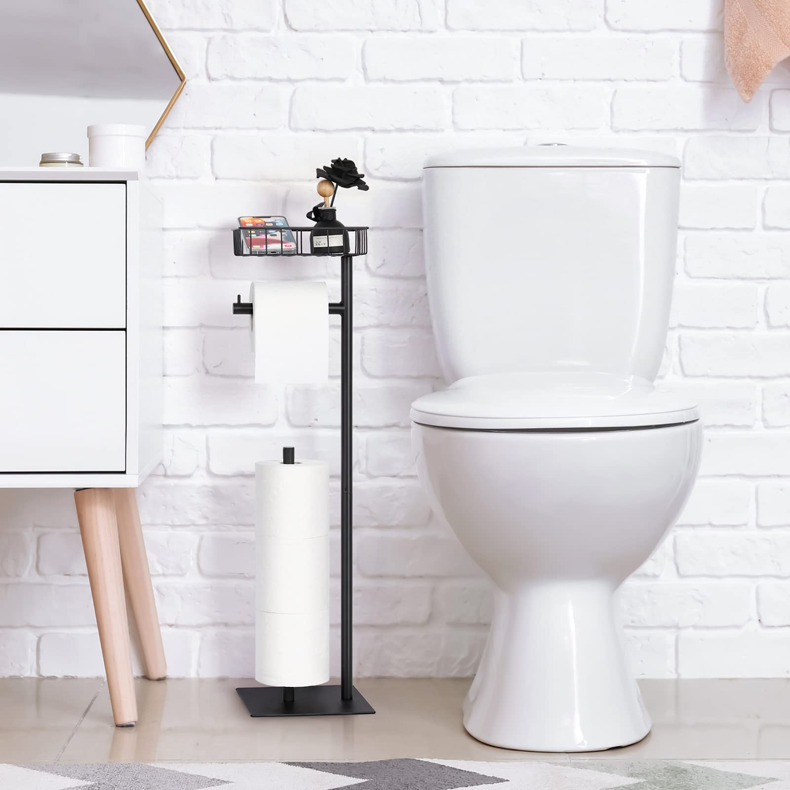 Toilet Paper Holder Stand Free Standing Toilet Paper Roll Holder with Storage Basket Industrial Tissue Holder Dispenser for Bathroom,Matte Black