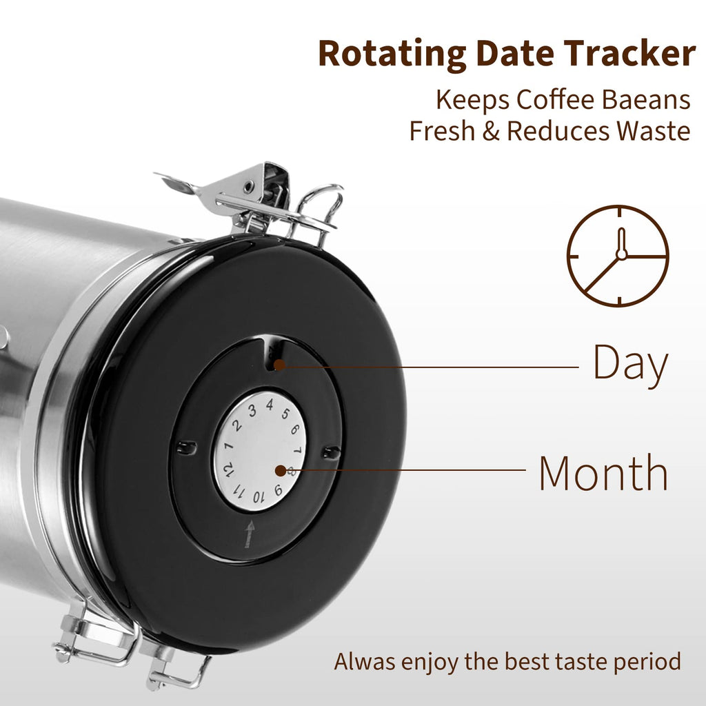 Dyserbuy Airtight Coffee Canister, Stainless Steel Coffee Beans and Grounds Storage Container with Date Tracker, Scoop, CO2 Valves, for Beans, Grounds, Tea, Sugar, Silver