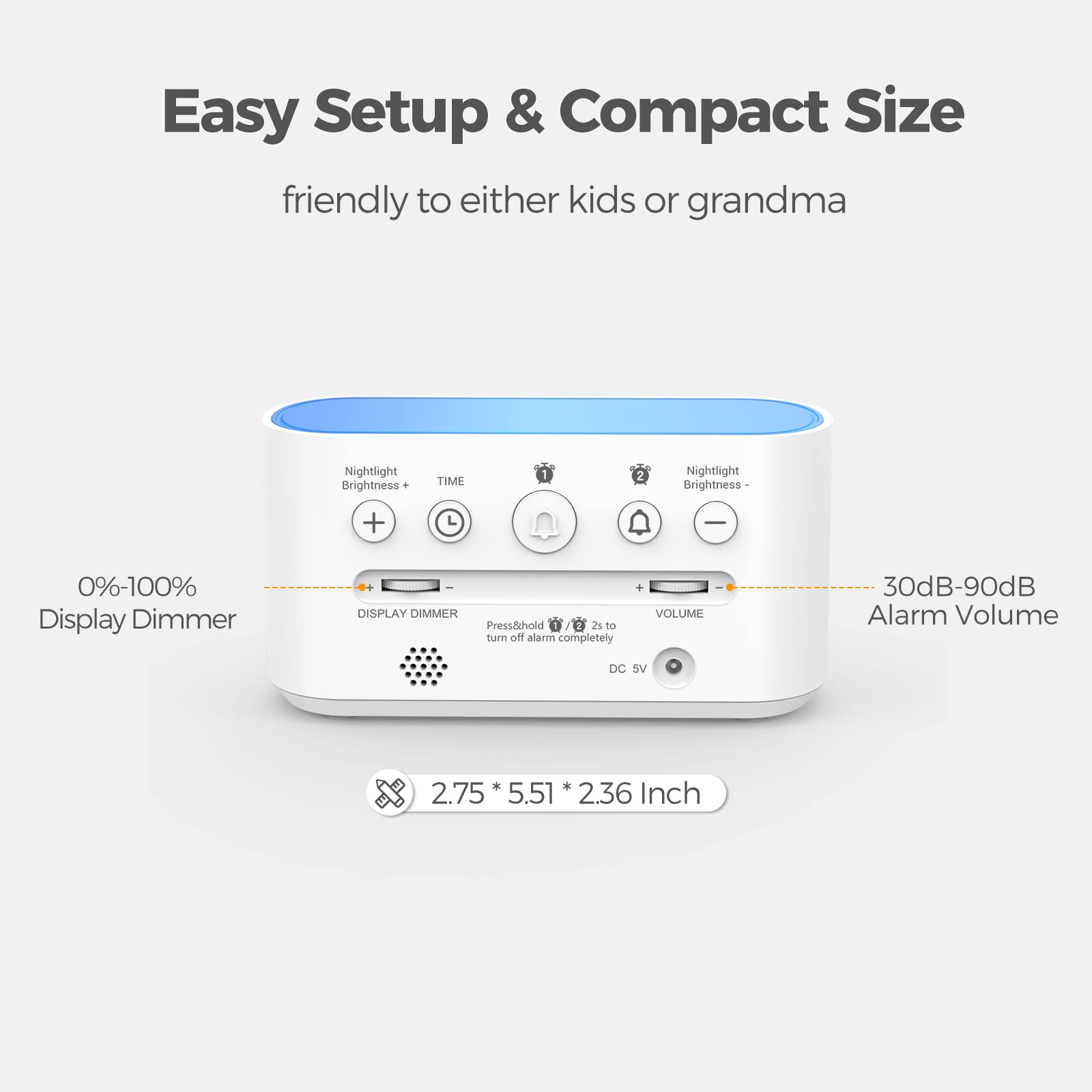 ONLAKE Alarm Clock for Bedrooms, Large Display Digital Clocks with 2 Alarms, 7 Color Larger Night Light, Dimmer, Adjustable Volume, Easy Snooze (White)