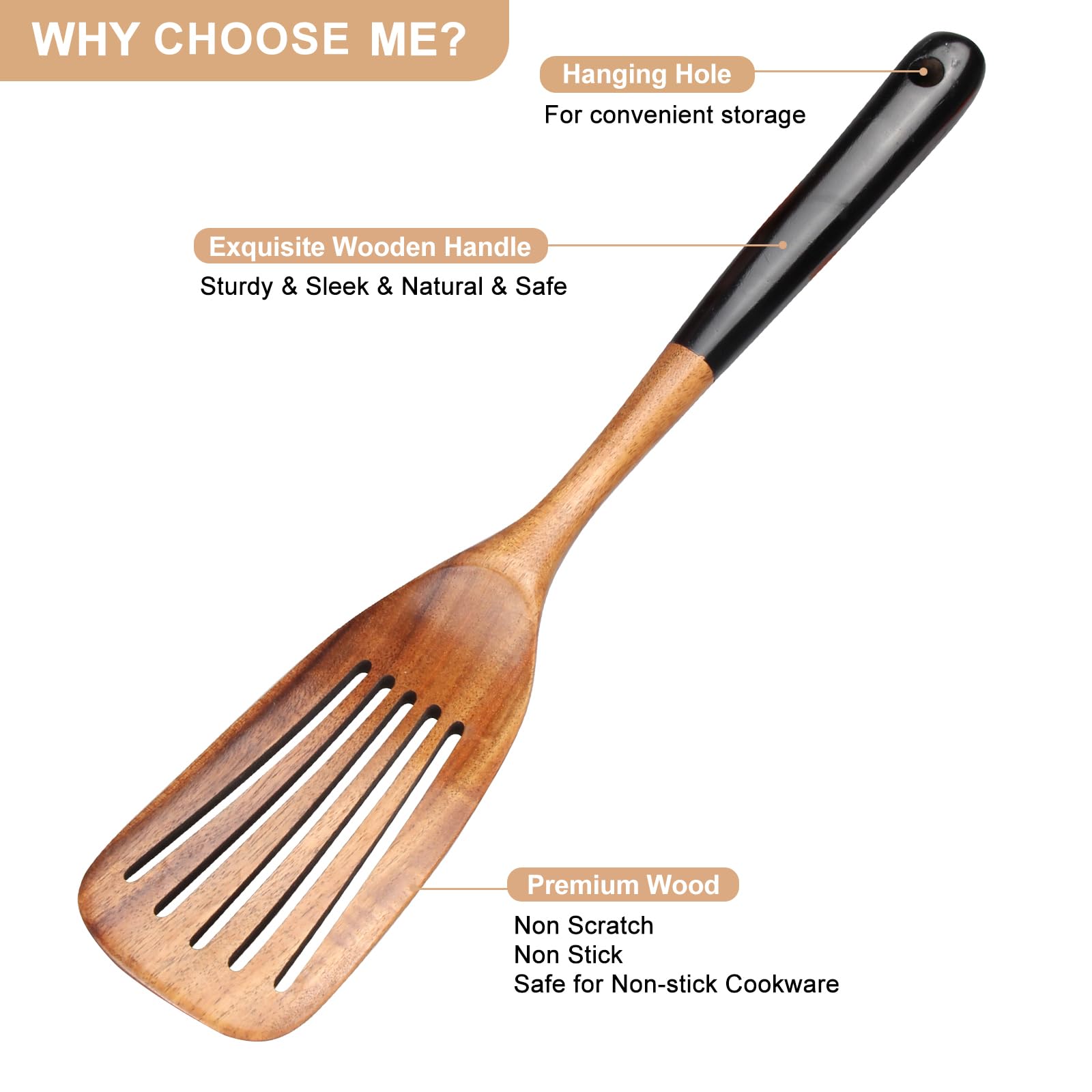 2 Pcs Wooden Spatula Set for Cooking Non Toxic Teak Kitchen Utensils Slotted Pancake Turner Flat Wood Wok Spatulas Bamboo Spoon for Cooking Utensil Set Spurtle Scraper Black Fish Egg Flipper Spatula