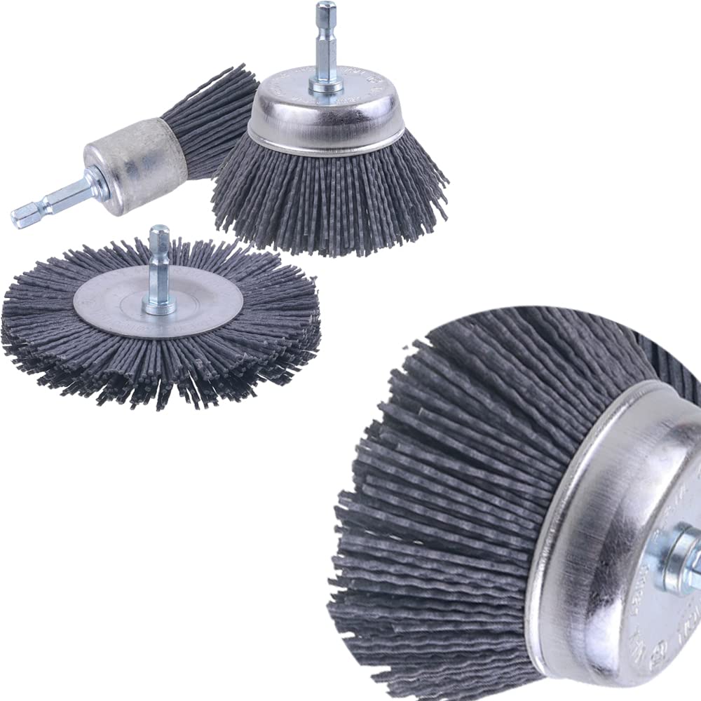 AOKLIT 9 Pack 80 Grit, 120 Grit, 240 Grit Nylon Filament Abrasive Wire Brush Wheel & Cup Brush Set with 1/4 Inch Hex Shank, for Removal of Rust/Corrosion/Paint