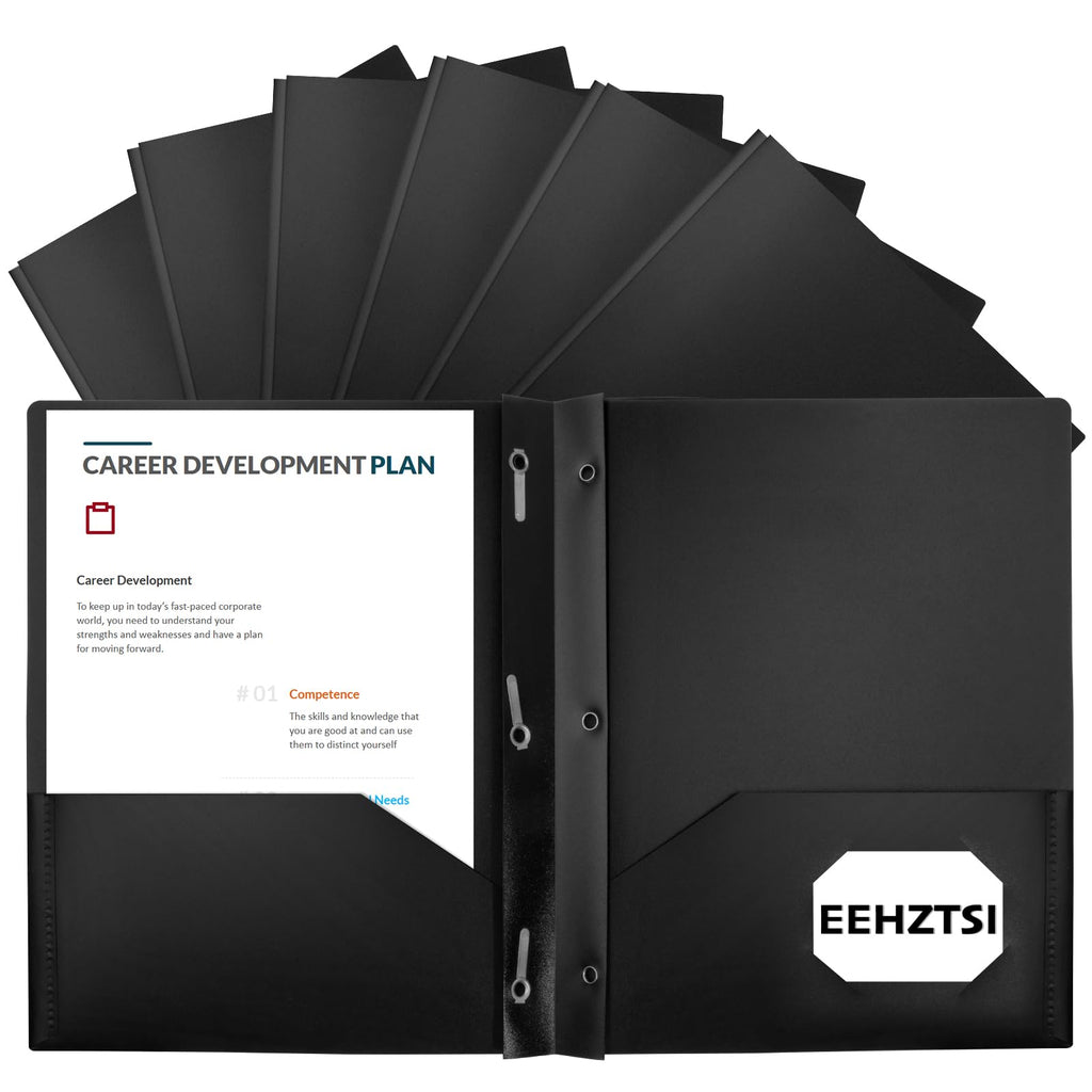 EEHZTSI 12-Pack Plastic Folders with Pockets and Prongs,2-Pocket Folders with 3 Fasteners, Poly Folders Holds 8-1/2" x 11" Paper for School/Office/Home (12, Black)