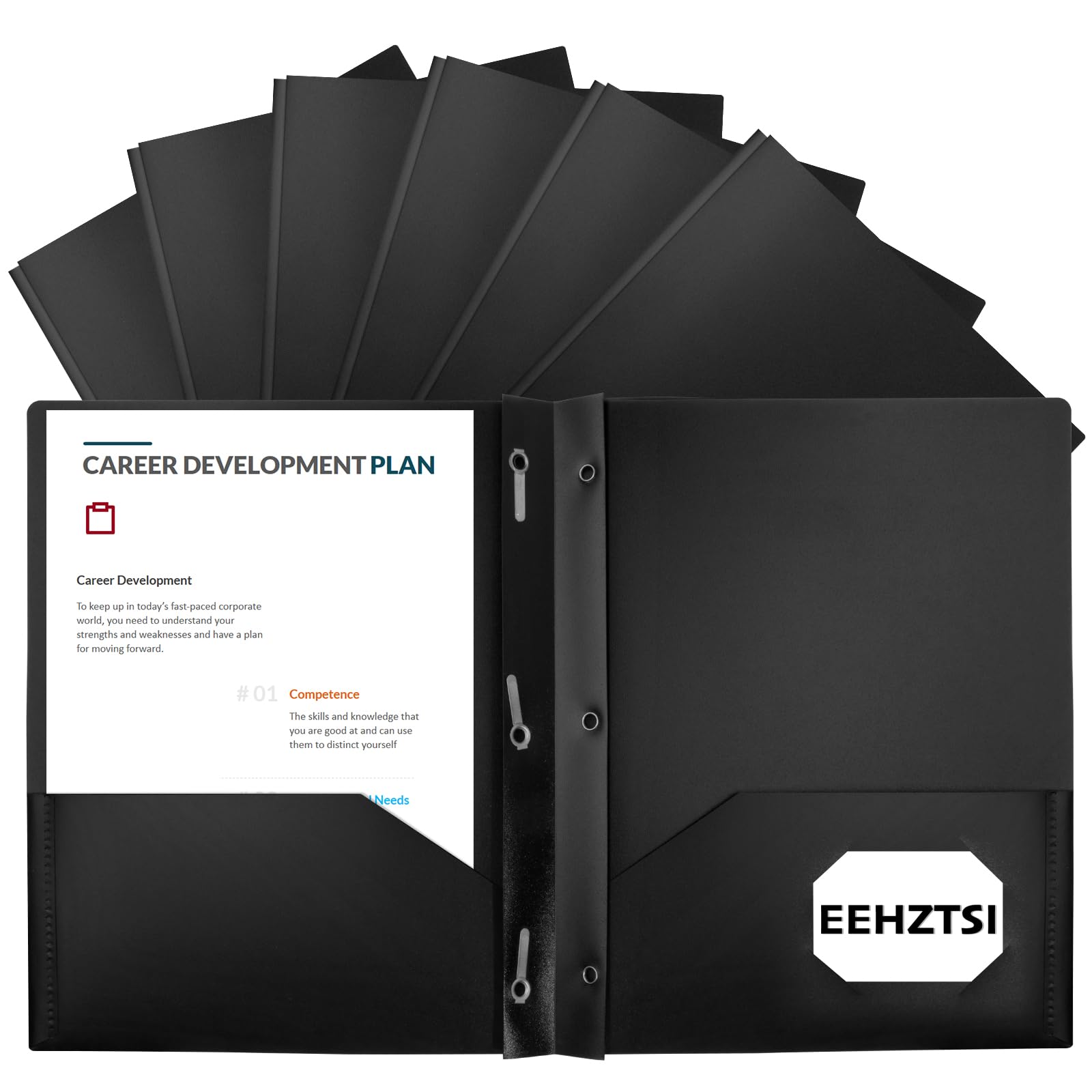 EEHZTSI 12-Pack Plastic Folders with Pockets and Prongs,2-Pocket Folders with 3 Fasteners, Poly Folders Holds 8-1/2" x 11" Paper for School/Office/Home (12, Black)