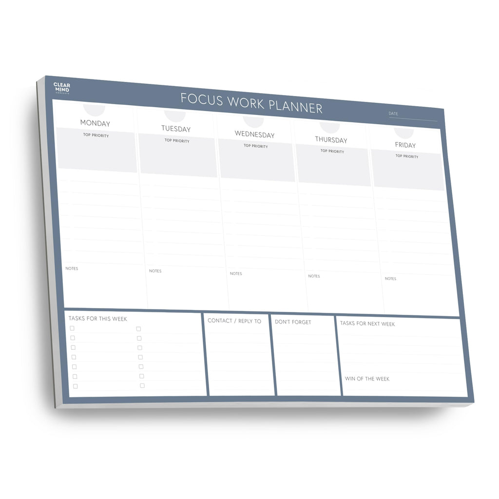 Clear Mind Concepts® Focus Work Planner Pad - A4 Weekly Productivity Desk Pad, 52 Undated Tear-Off Sheets (29.7 × 21cm) - Track Priorities, Tasks, Notes & Goals for Office, School & Home