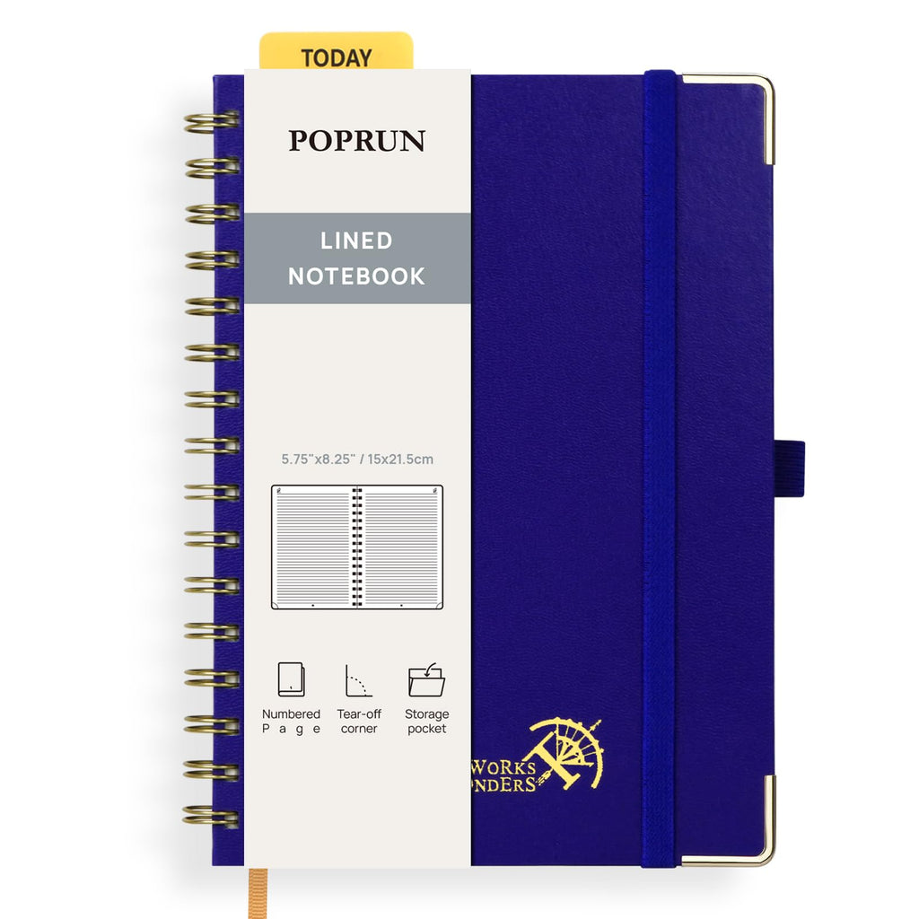POPRUN Lined Spiral Journal Notebook [A5-5.75'' x 8.25''] - 120 GSM Thick Paper, 141 Numbered Pages, College Ruled Notebook for Men & Women with Pocket, Index Tabs, 8 Perforated Sheets, Royal Blue