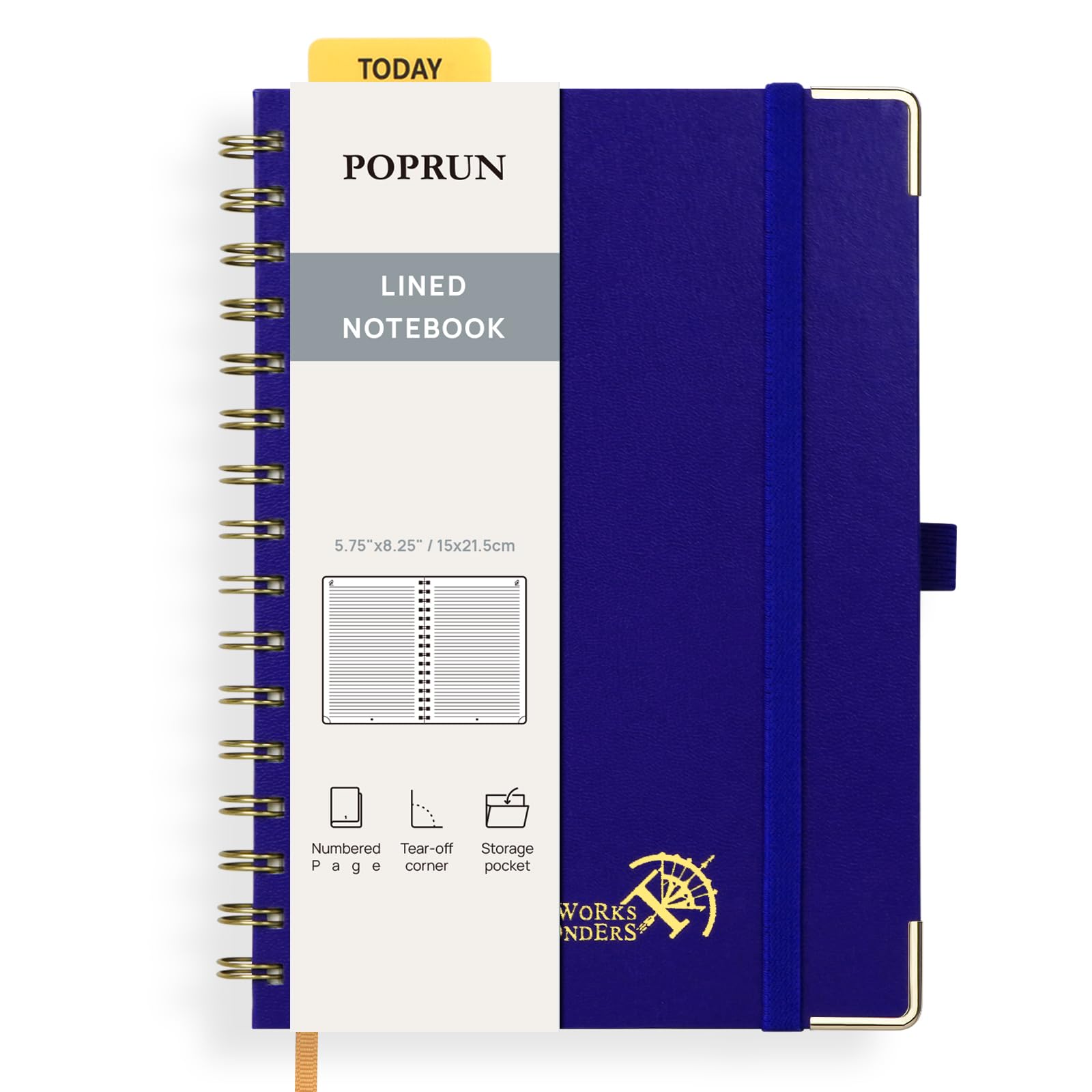POPRUN Lined Spiral Journal Notebook [A5-5.75'' x 8.25''] - 120 GSM Thick Paper, 141 Numbered Pages, College Ruled Notebook for Men & Women with Pocket, Index Tabs, 8 Perforated Sheets, Royal Blue