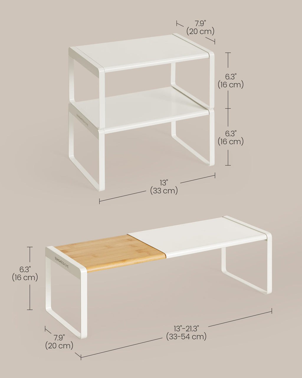 SONGMICS HOME Spice Racks, Expandable Cupboard Shelf Orgnizers, Kitchen Counter Shelves, Bamboo and Metal, Space-Saving Shelving, Stackable, Natural Beige and Cream White UKCS051N01