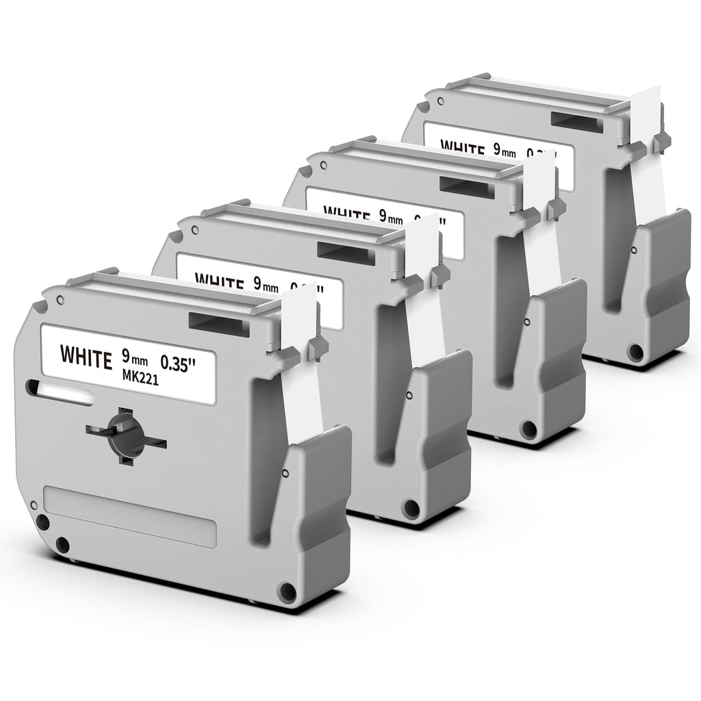 MK221 M-K221 PT-M95 Label Maker Tape 9mm Replace for Brother M Tape 9mm 3/8 0.35 White MK 221 Label Tape for Brother P Touch PT-90 PT-65 PT-M95 PT-70BM PT-45 PT-80, Black on White, 4 Pack